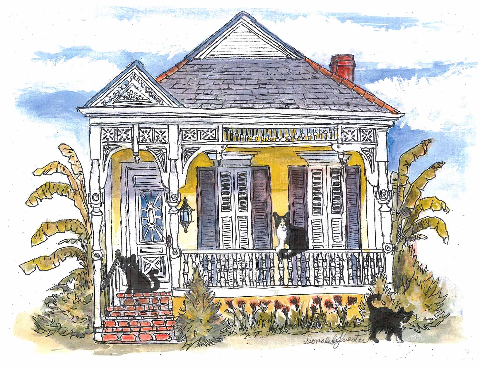 CATS IN A YELLOW SHOTGUN HOUSE IN ORLEANS ON THE FRONT PORCH