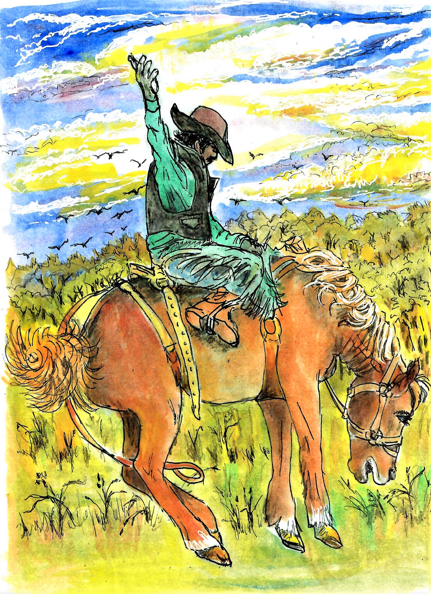 WESTERN - COWBOY ON A BUCKING HORSE IN THE COUNTRYSIDE