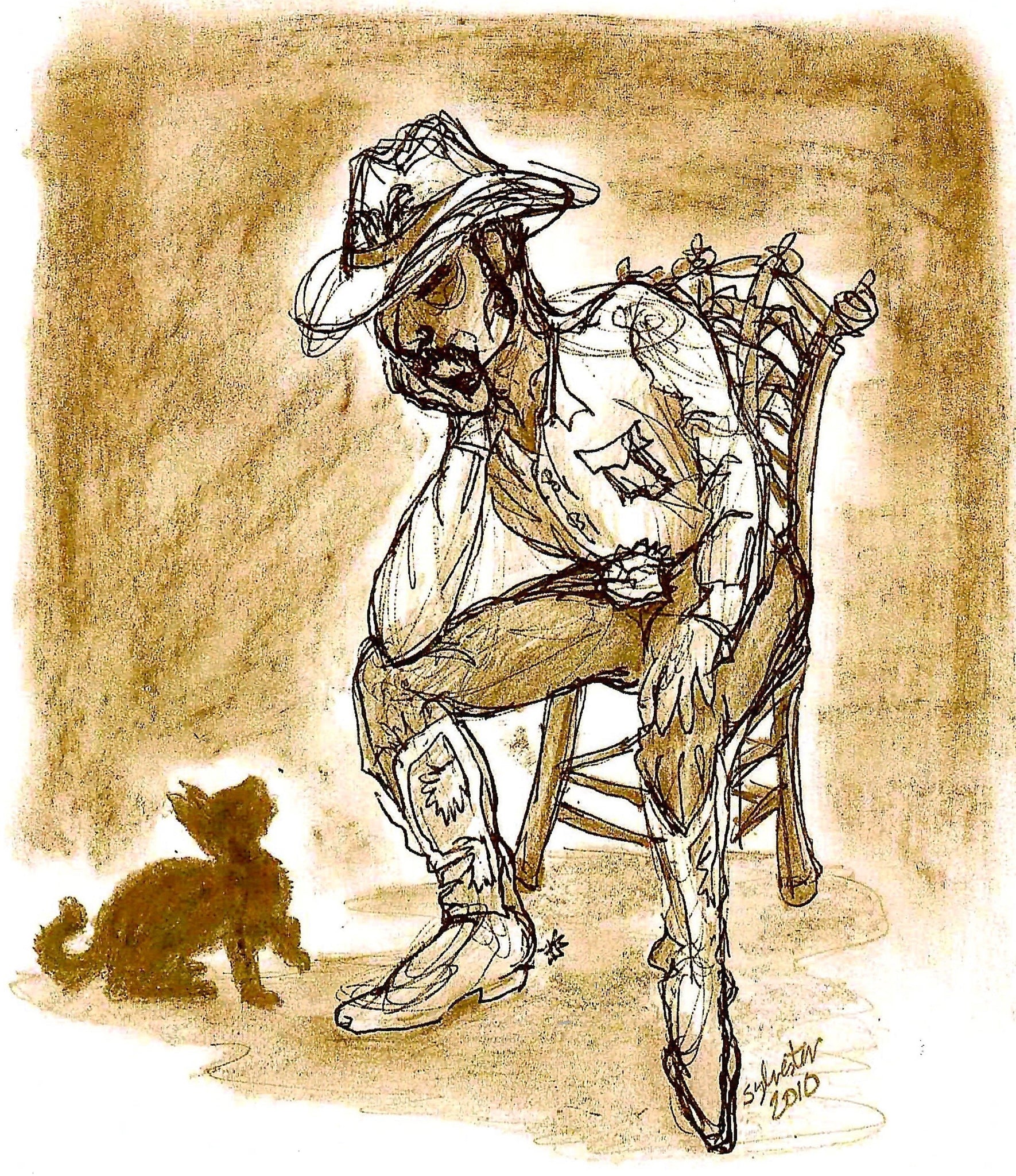 Cat Sitting Looking Up At A Cowboy In Hat And Boots Sitting In A Chair