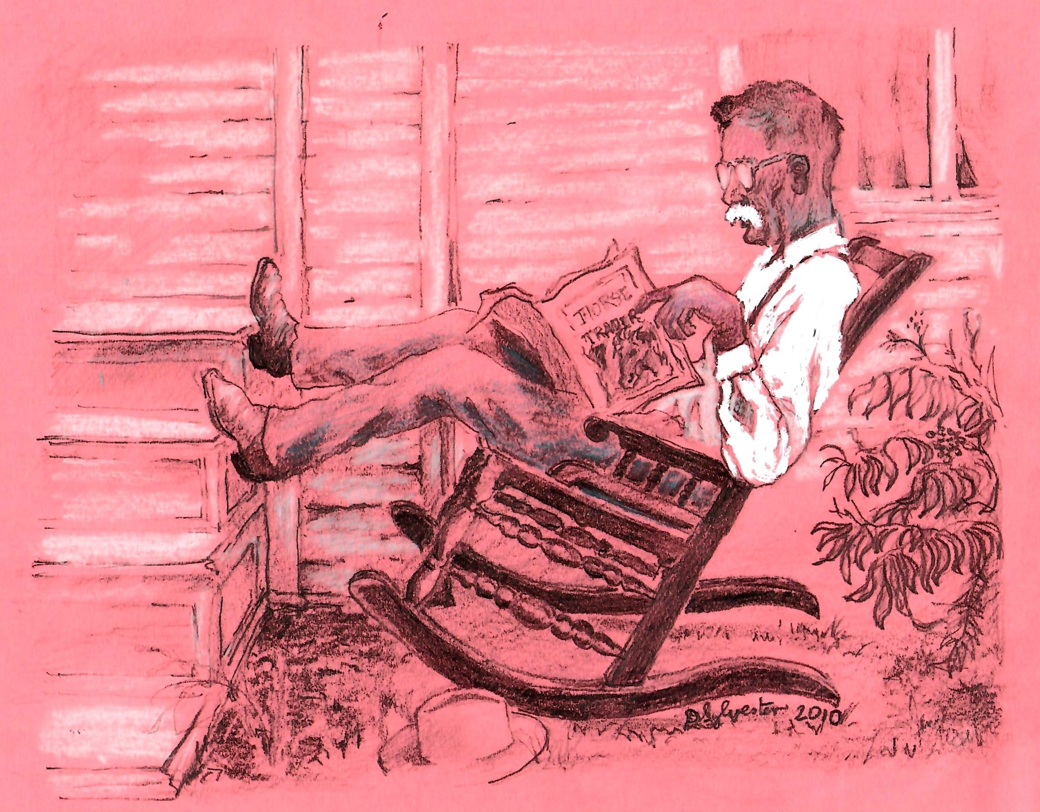 WESTERN - OLD COWBOY READING IN A ROCKER ON THE FRONT PORCH
