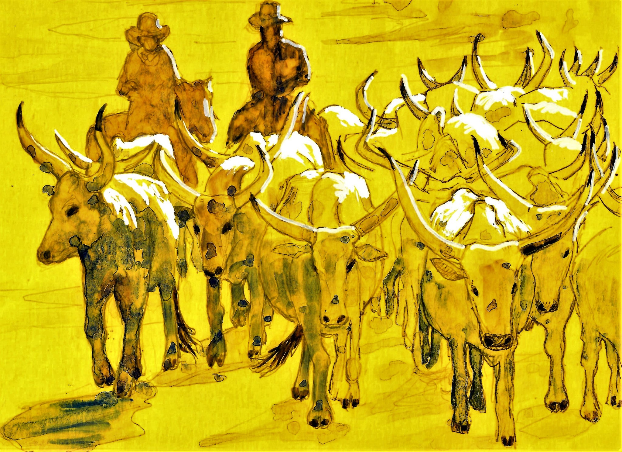 WESTERN - TWO COWBOYS AND THEIR LONGHORN CATTLE DRIVE AT SUNDOWN