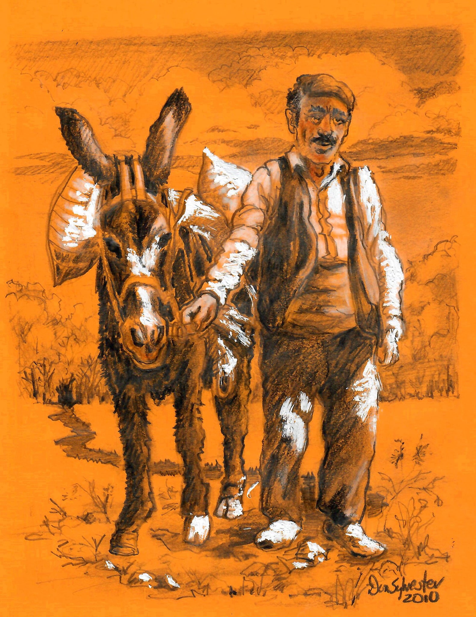 WESTERN - OLD MAN WALKING WITH HIS DONKEY "LOADED" WITH PACKAGES
