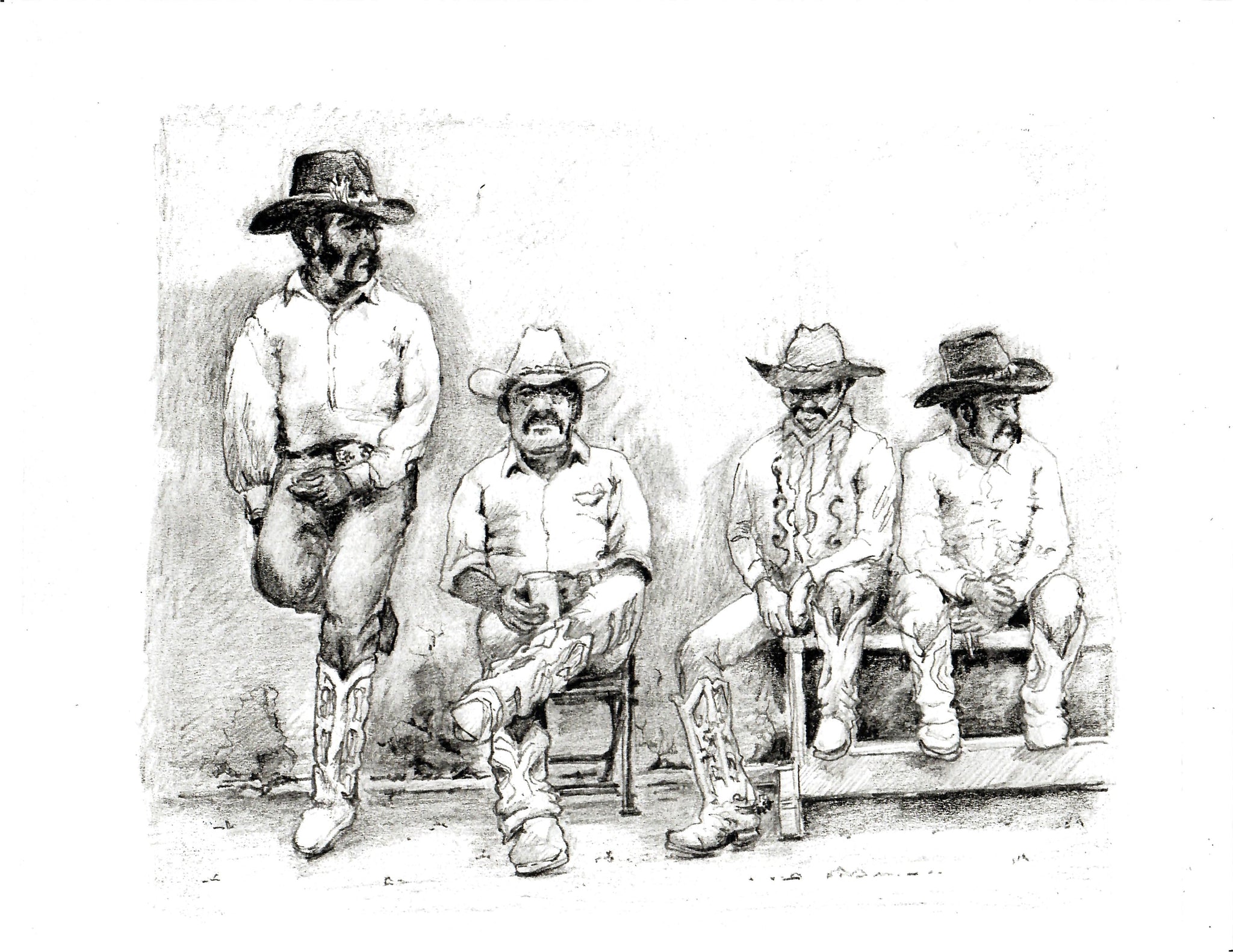 WESTERN - FOUR RESTING COWBOYS OUTSIDE AT WORK