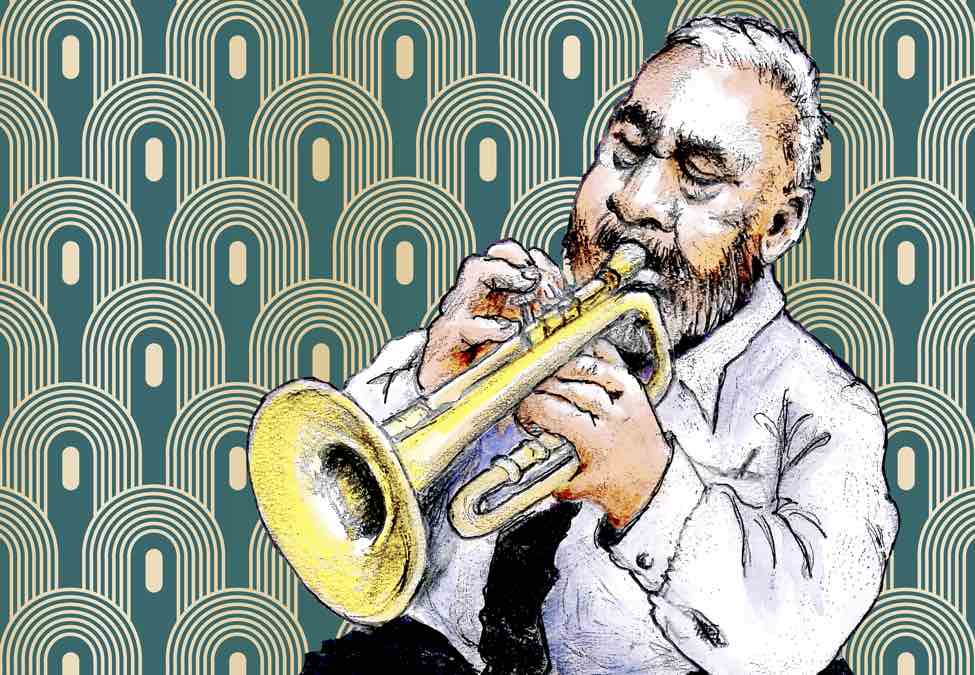 MUSICIANS - PORTRAIT OF A BEARDED TRUMPET PLAYER - DIGITAL GREEN BACKGROUND