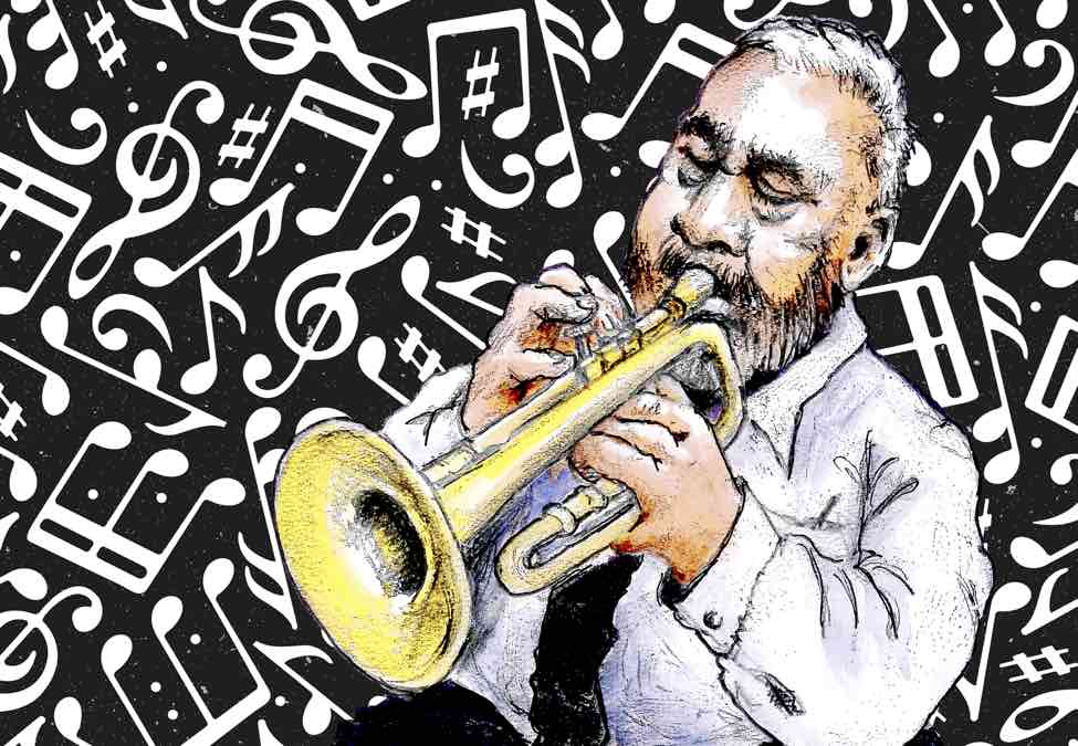 MUSICIANS -  PORTRAIT OF A BEARDED TRUMPET PLAYER - DIGITAL NOTES BACKGROUND