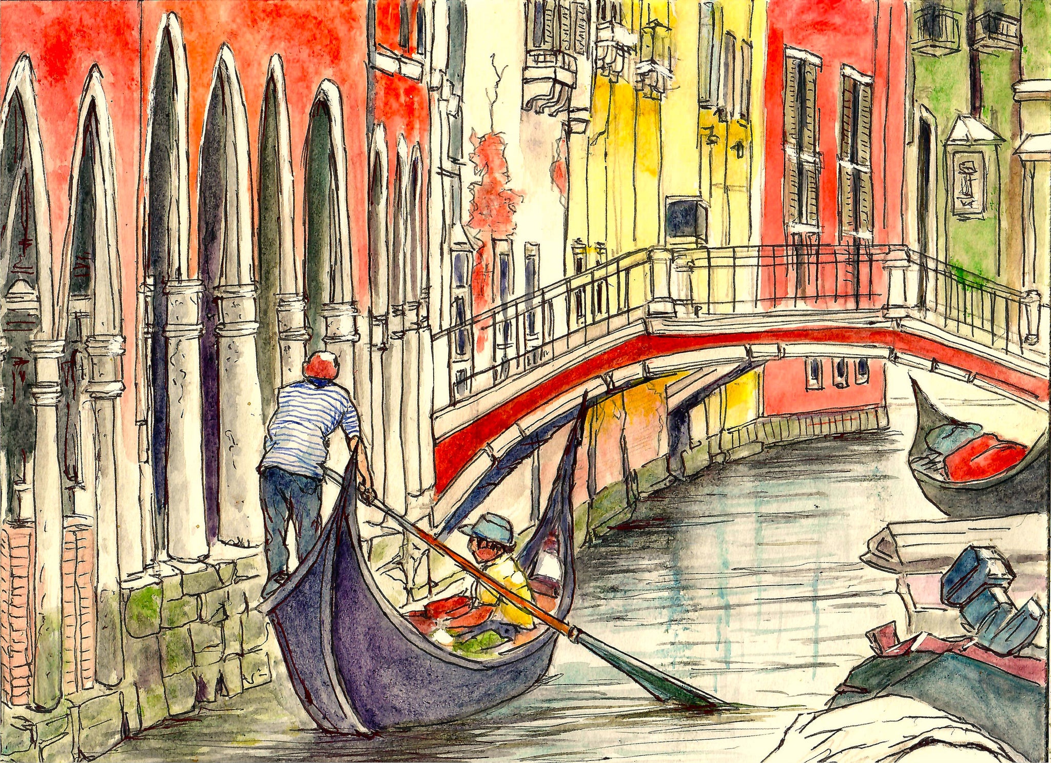 Cities - Venice Canal Scene,  Venetian Boatman, Colorful Italian Canal, Venice Scene