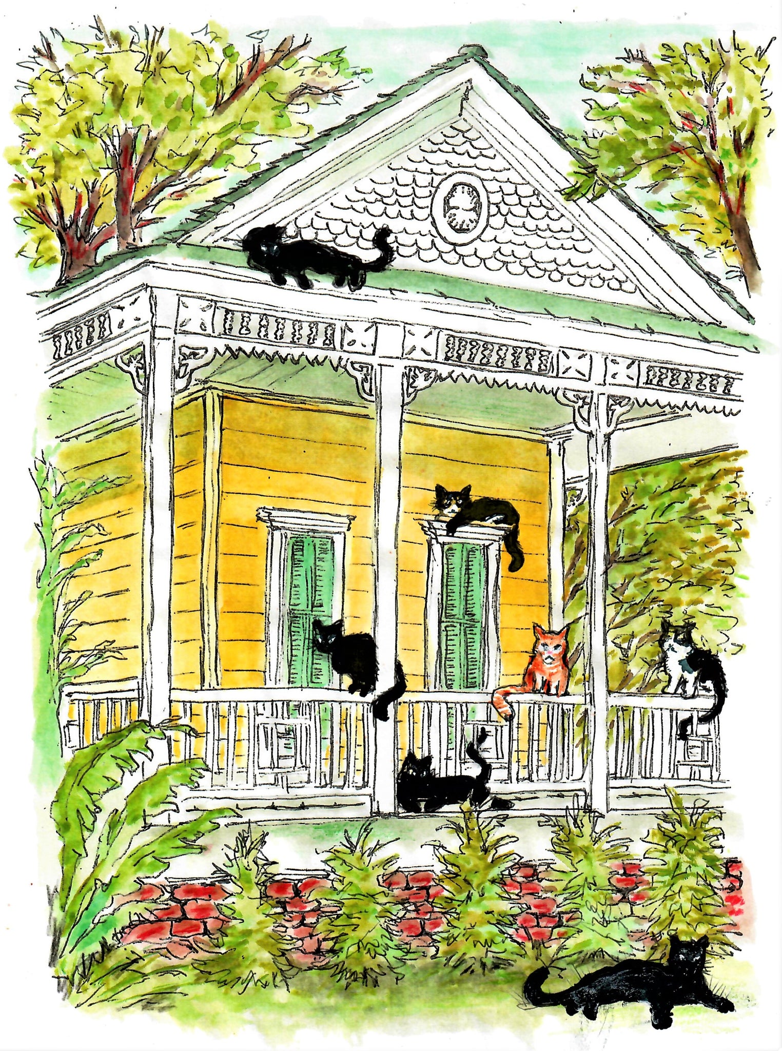 Cats On Front Porch Yellow New Orleans House With Brick Front