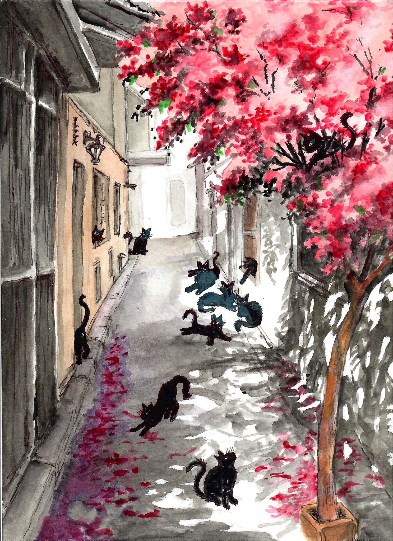 Cats In A Flowered Alley With A Large Pink Blossom Tree