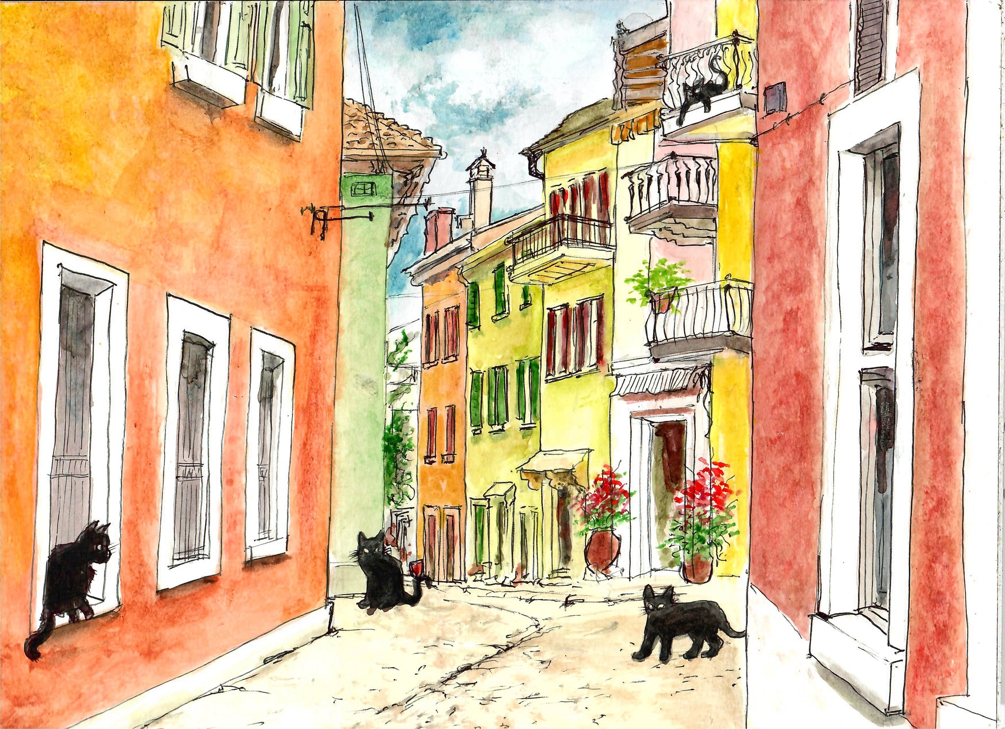 Cats In An European Alley, Cat Art, Cat Wall Decor, Black Cat Art, Street Cats
