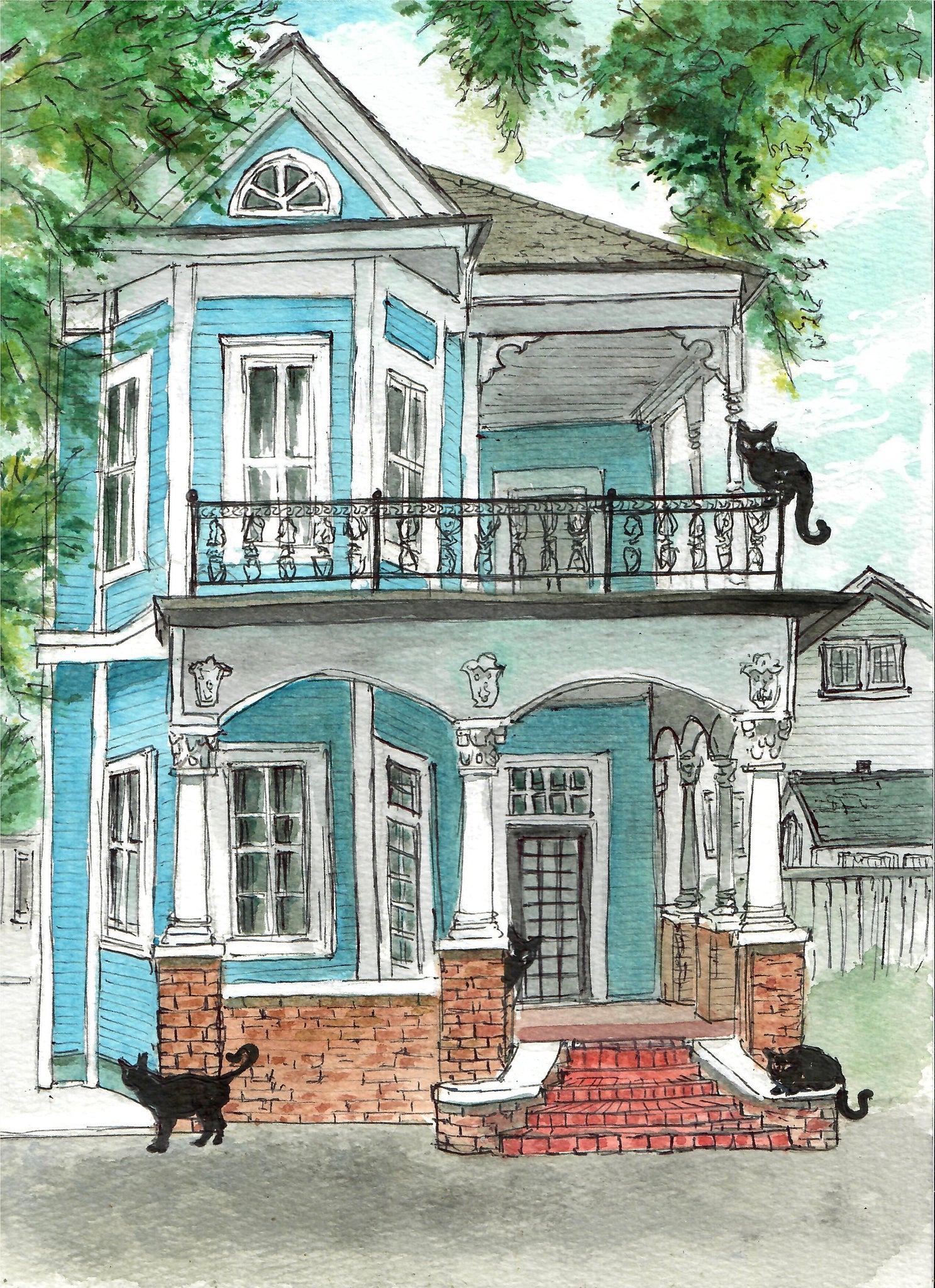 Cats - New Orleans Cats At Home (Signed, Matted Watercolor Print)
