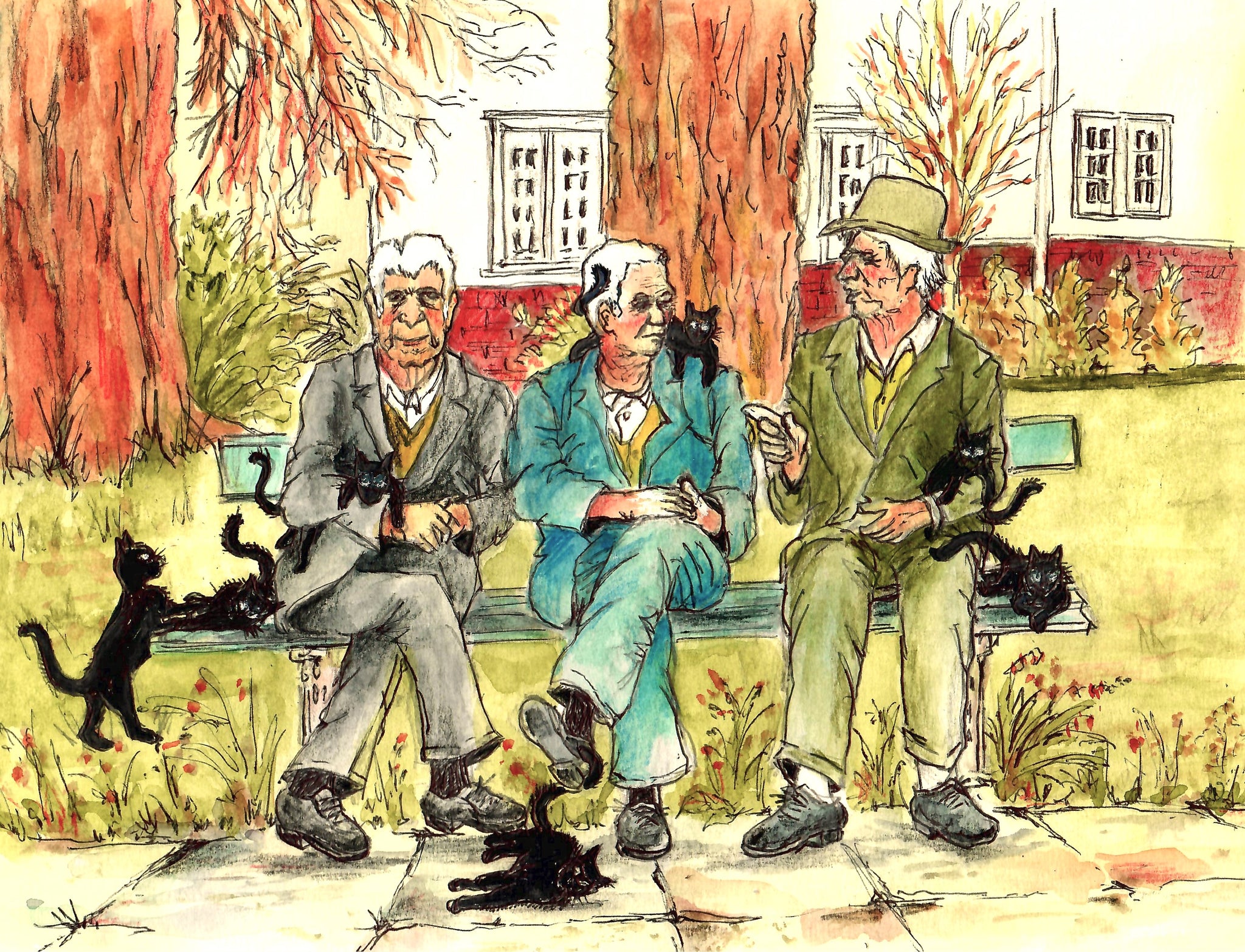 Cats With Their Old Men Who Are Talking In The Park
