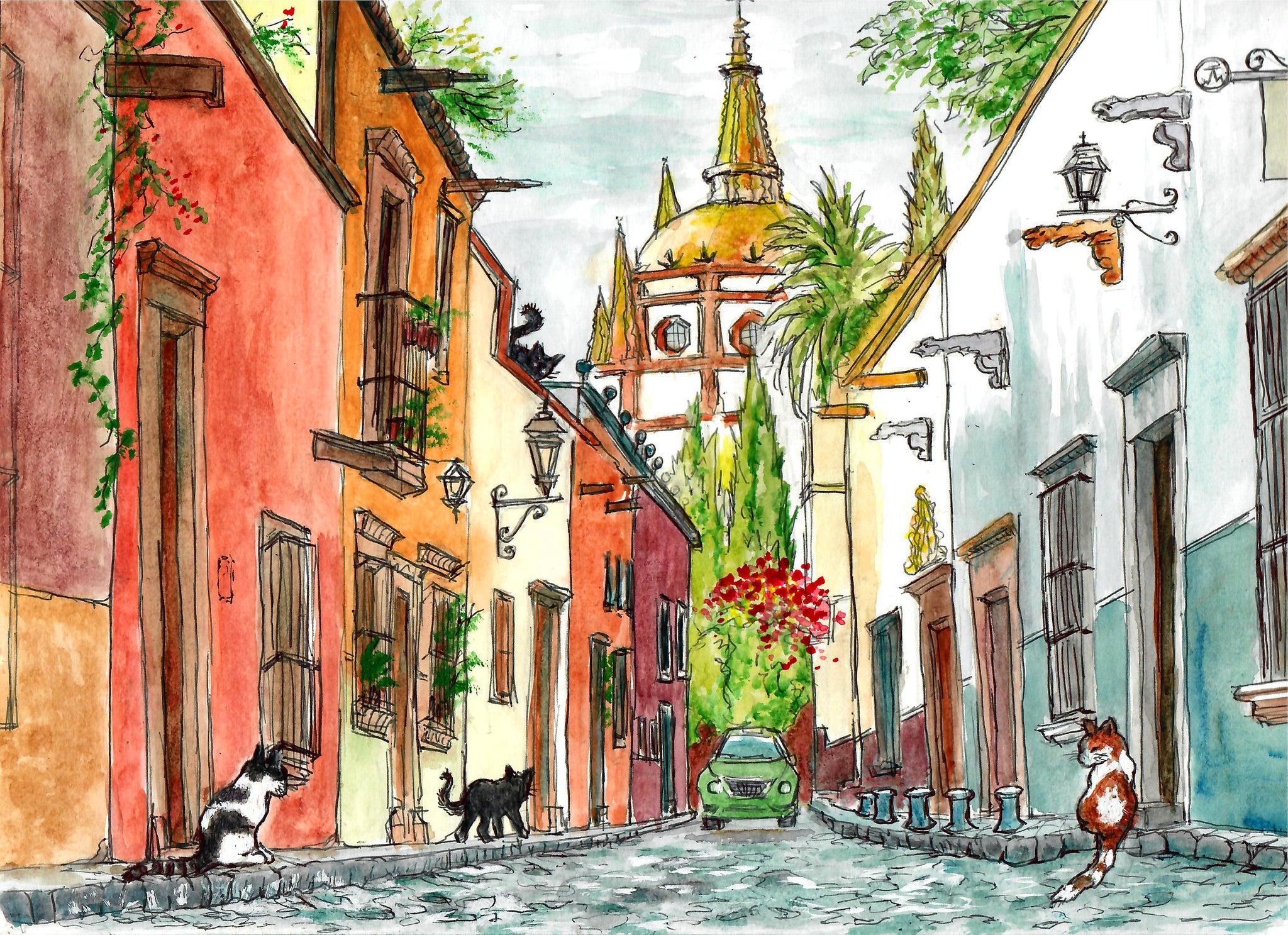 Cats In A Colorful Alley With Cathedral, Cat Art Prints,