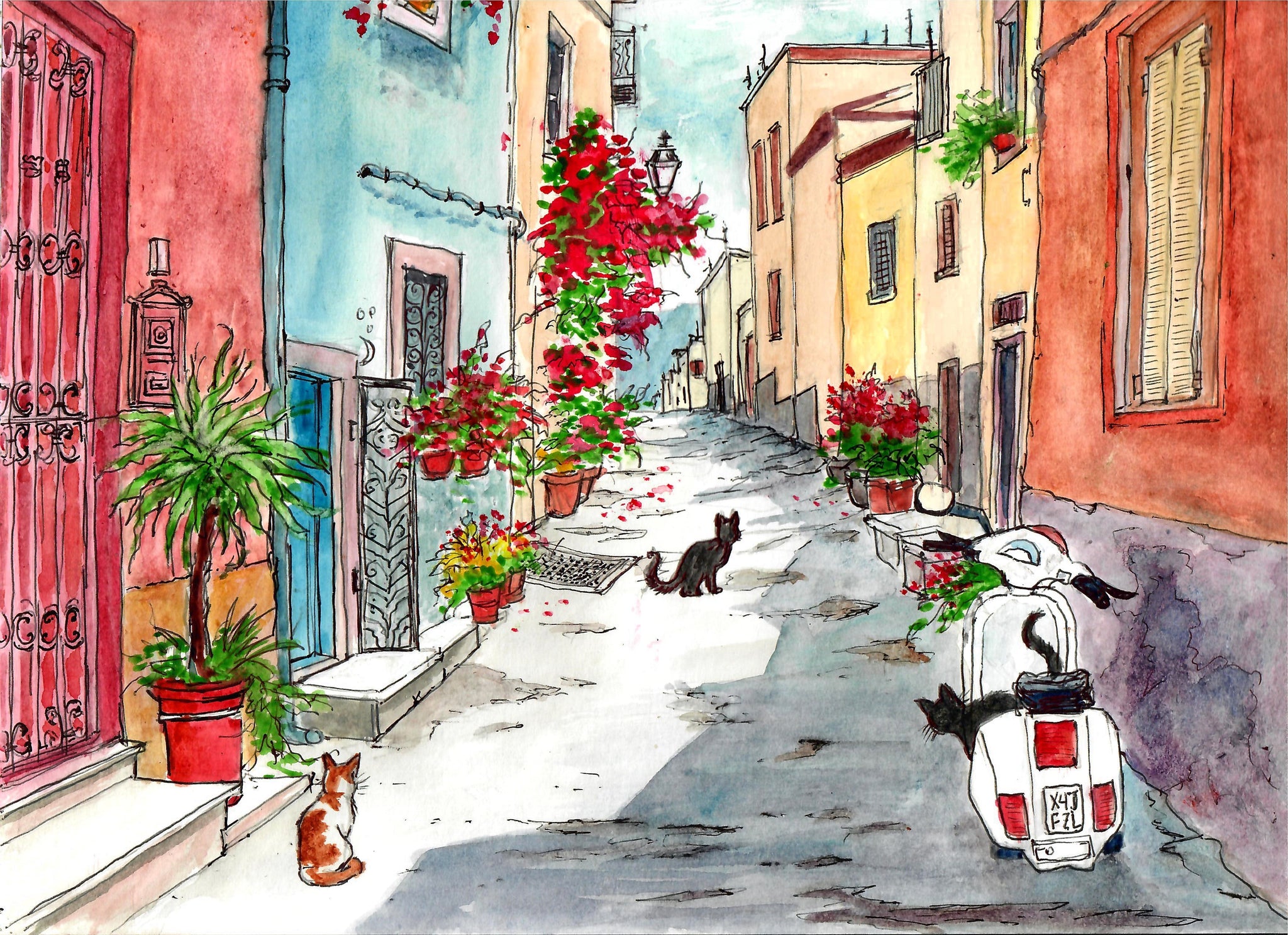 Cats In A Flowered Alley With Scooter, Cat Art Prints, Ginger Cats, Black Cats