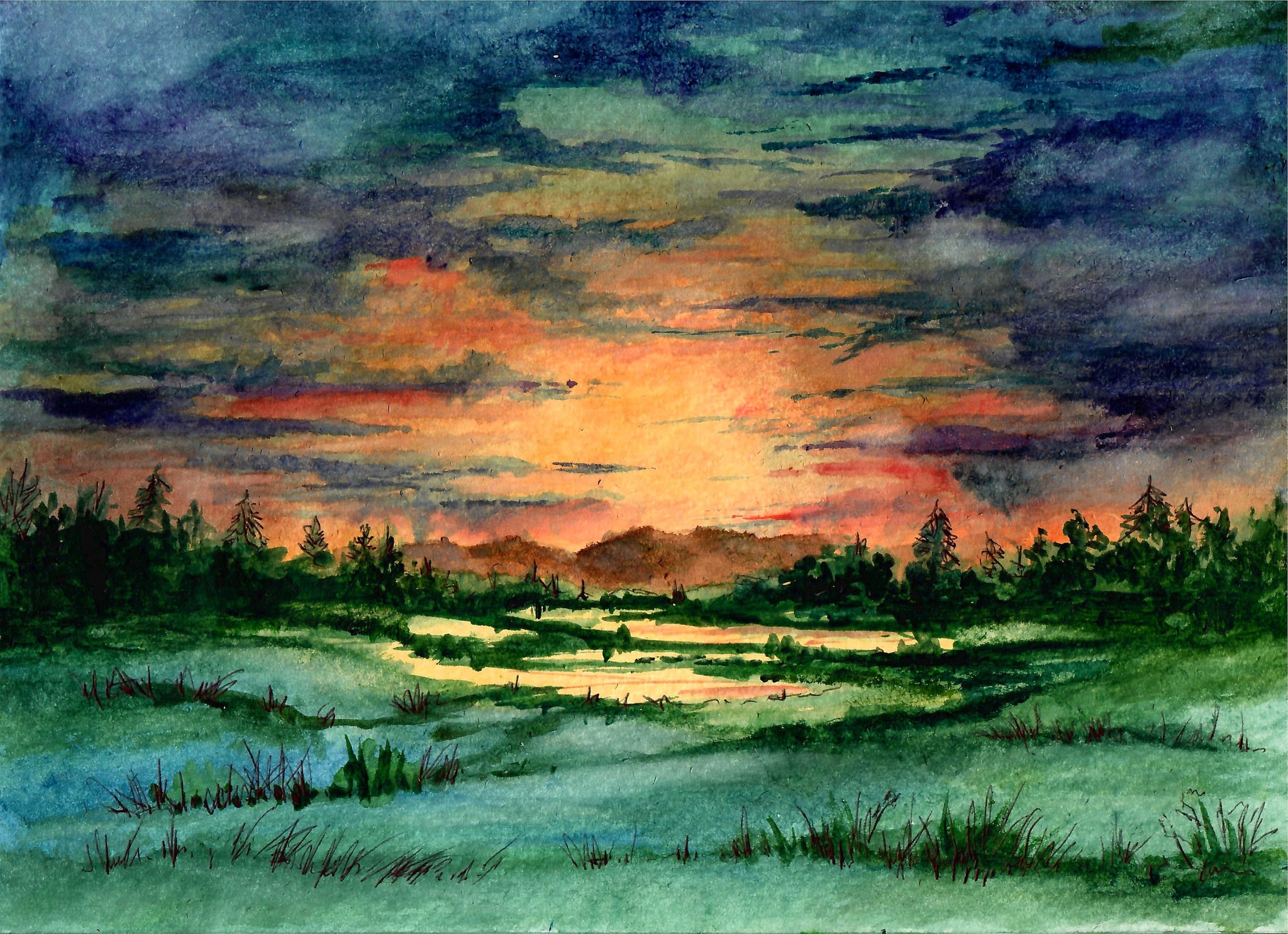 Nature - Cloudy Sunset Near Mountains, Sunset Art Print, Landscape Art Print, Country Art Print