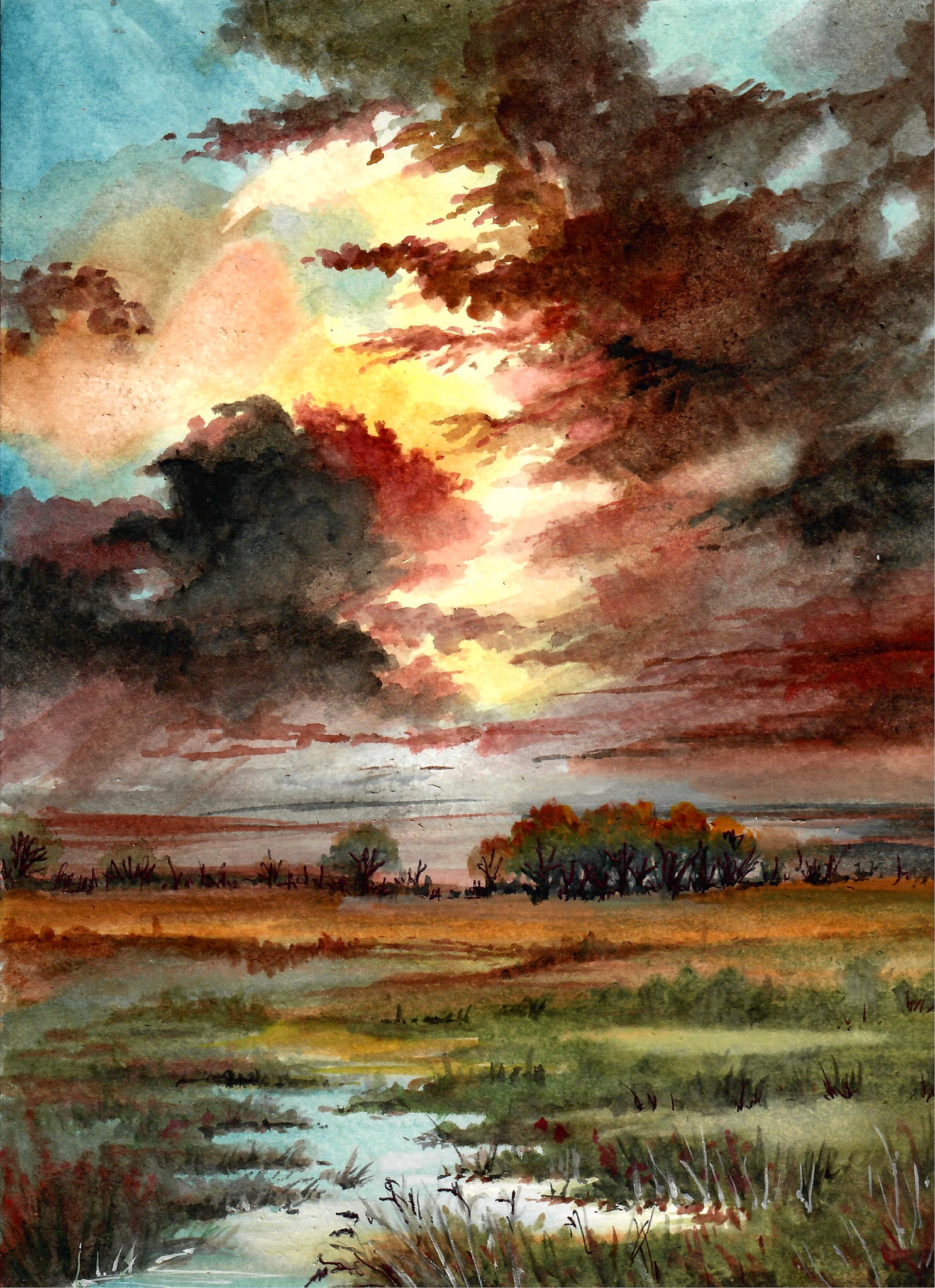 Nature - Cloudy Sunset Over Marshes, Sunset Art, Landscape Art, Beautiful Clouds