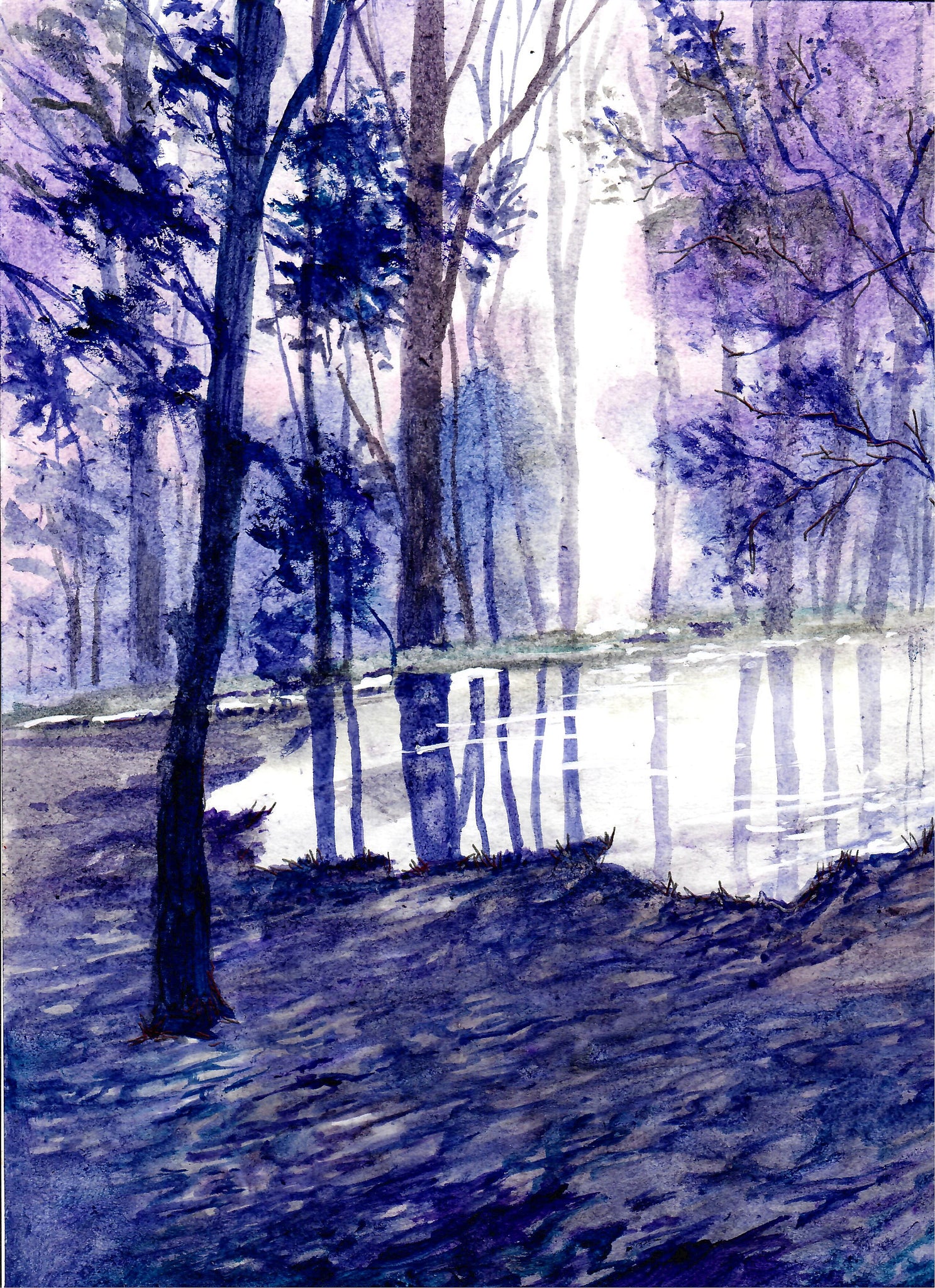 Nature - Pond In The Forest At Dawn, Purple And Blue Landscape, Rising Sun Art, Forest Wall Decor, Purple Art Decor, Purple Art Print, Purple And Blue Art