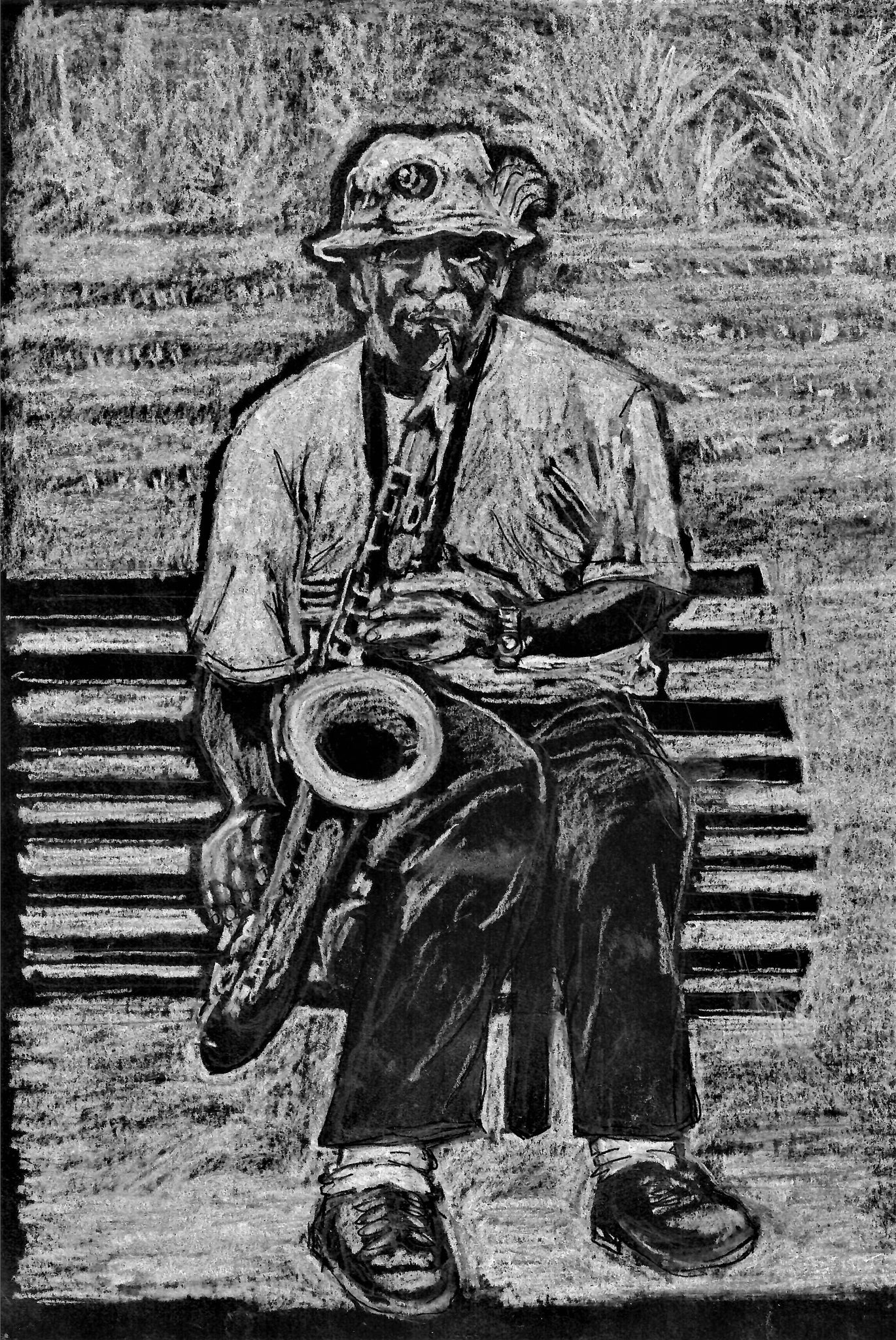 Musician - Jazz Sax Player On Street Bench, New Orleans Street Band Player