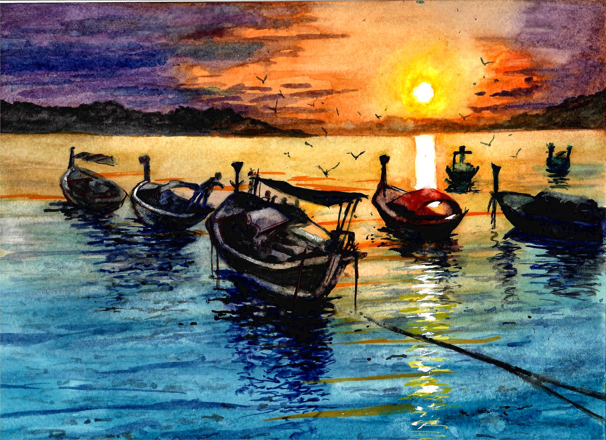 Nature - Fishing Boats At Rest, Beautiful Sunset Art, Sunset Wall Decor, Colorful Sky