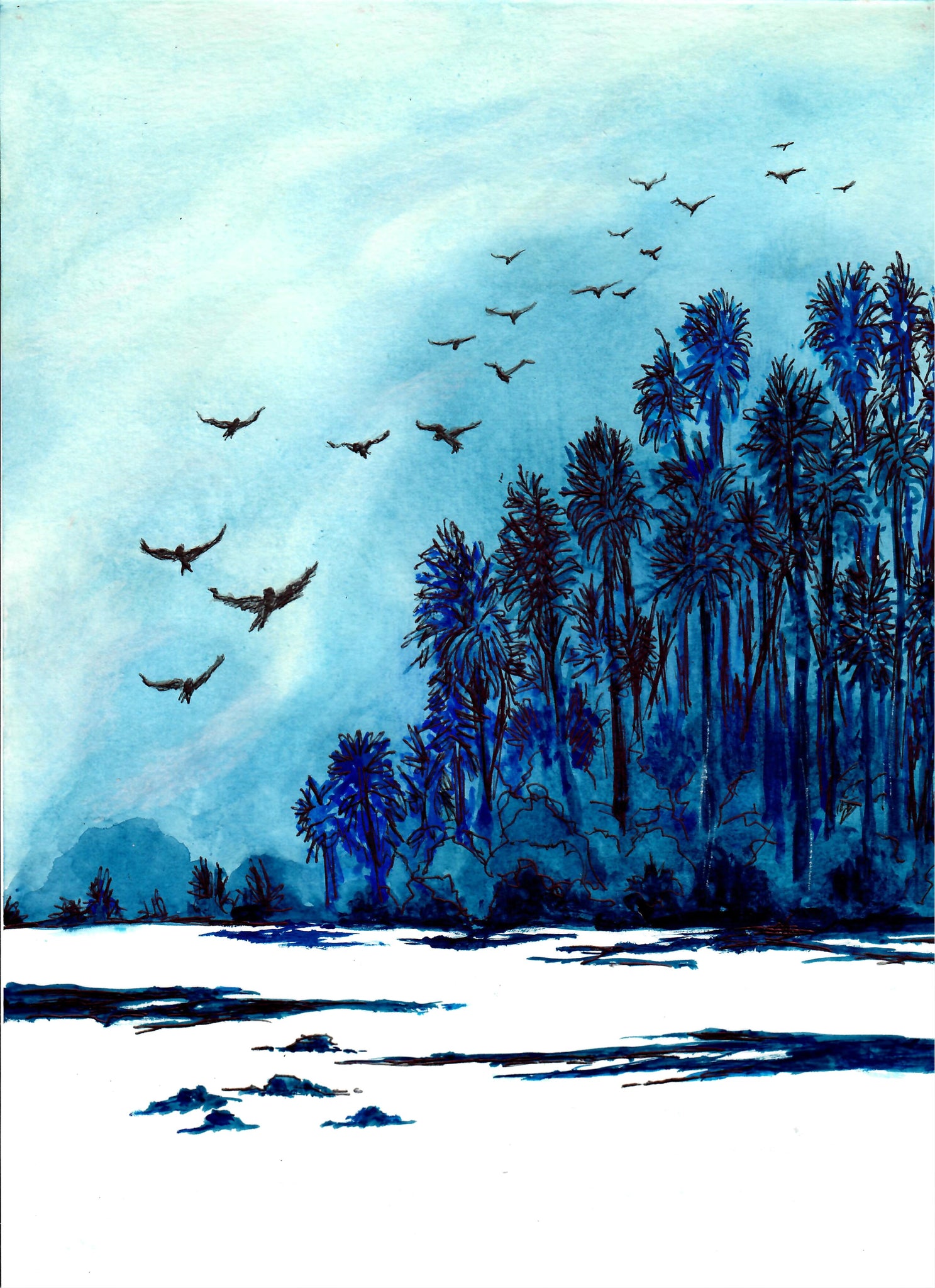 Nature - Birds Flying Blue Morning,  Blue Monotone Art Print