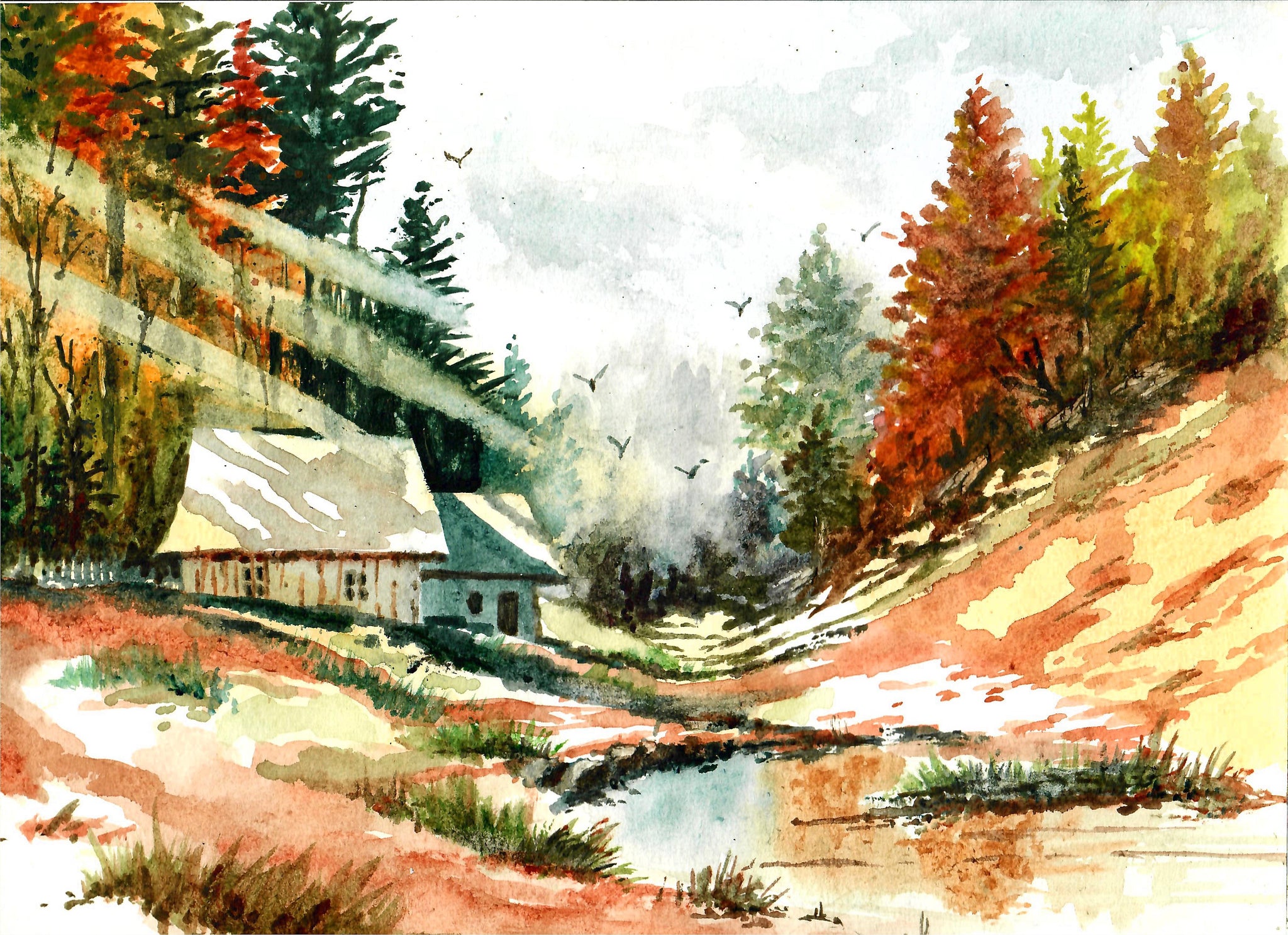 Nature - Cabin In The Mountains, Mountain Art, Landscape Art, Mountain View