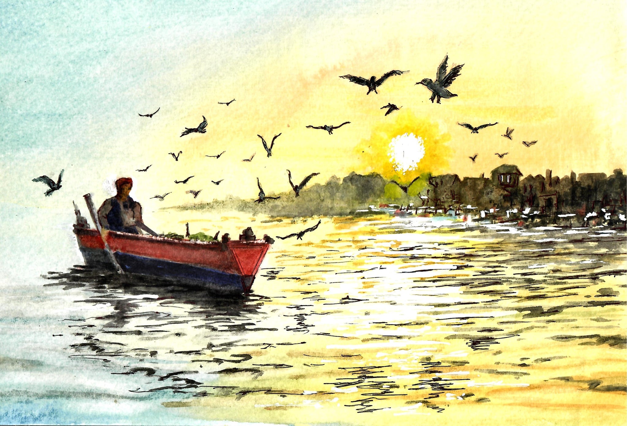 Nature - Boatman At Sunset, Sunset Art Print, Coastal Harbor Art Print