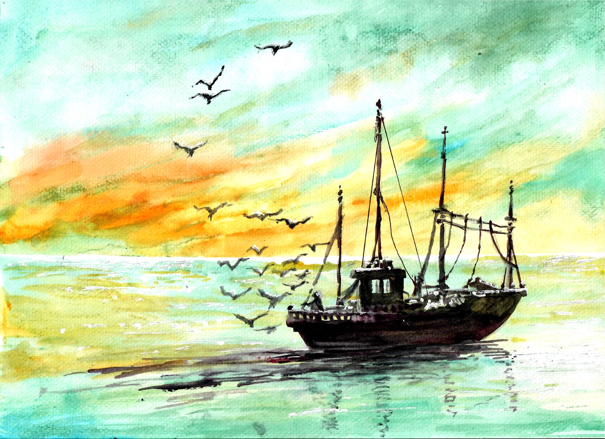Nature - Fishing Boat And Seagulls, Fishing Boat Art Print