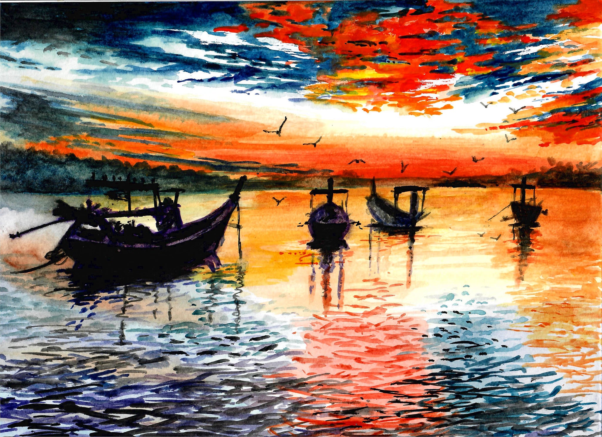 Nature - Fishing Boats At Sunset, Beautiful Sunset Art, Sunset Wall Decor, Colorful Sky