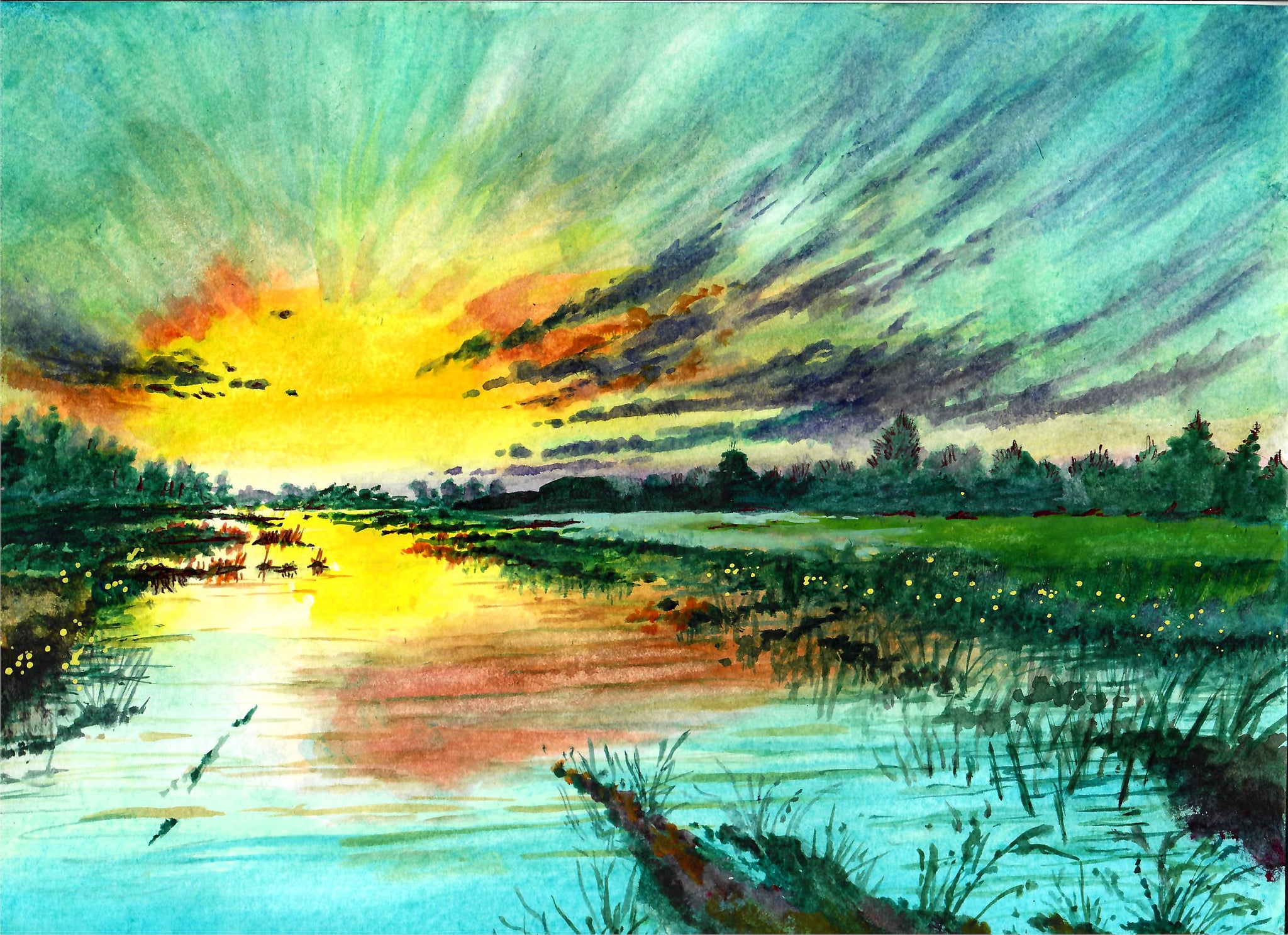 Nature - Bright Sunset Over Marshland, Sunset Art Print