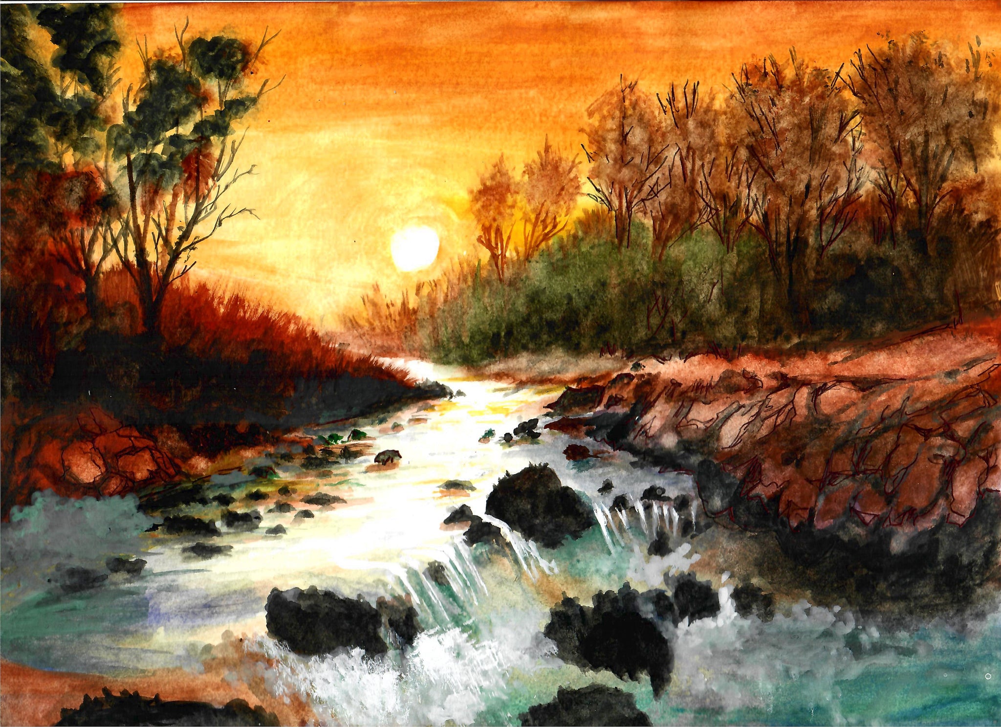 Nature - Sunset Over Waterfall, Sunset Art Print, Waterfall Art Print