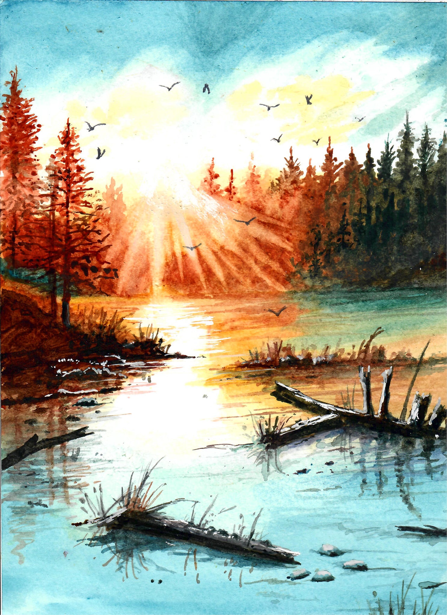 Nature - Sunrise Over Lake, Sunrise Landscape, Beautiful Sunrise Art Print, Landscape Sunrise