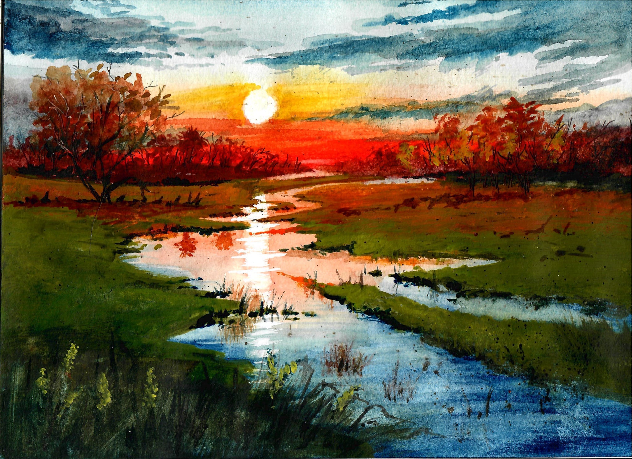 Nature - Sunset Over Green Marshlands, Sunset Art, Beautiful Sky, Sunset Wall Decor