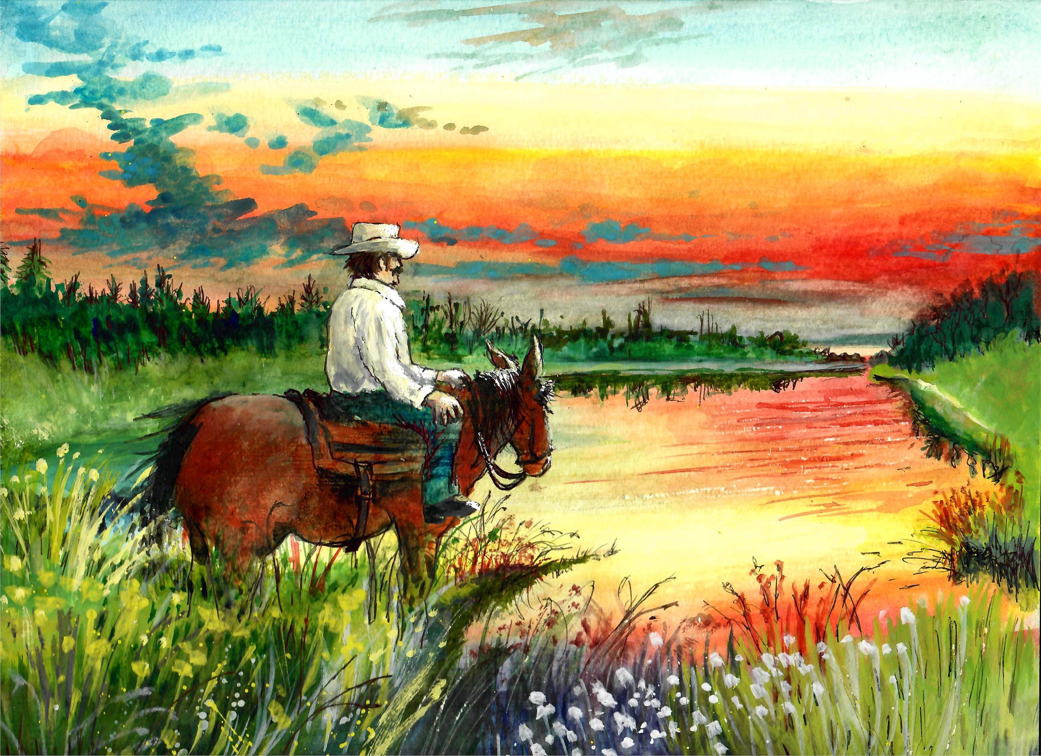 Western - Cowboy Looking At Sunset, Cowboy Art Print, Sunset Art Print