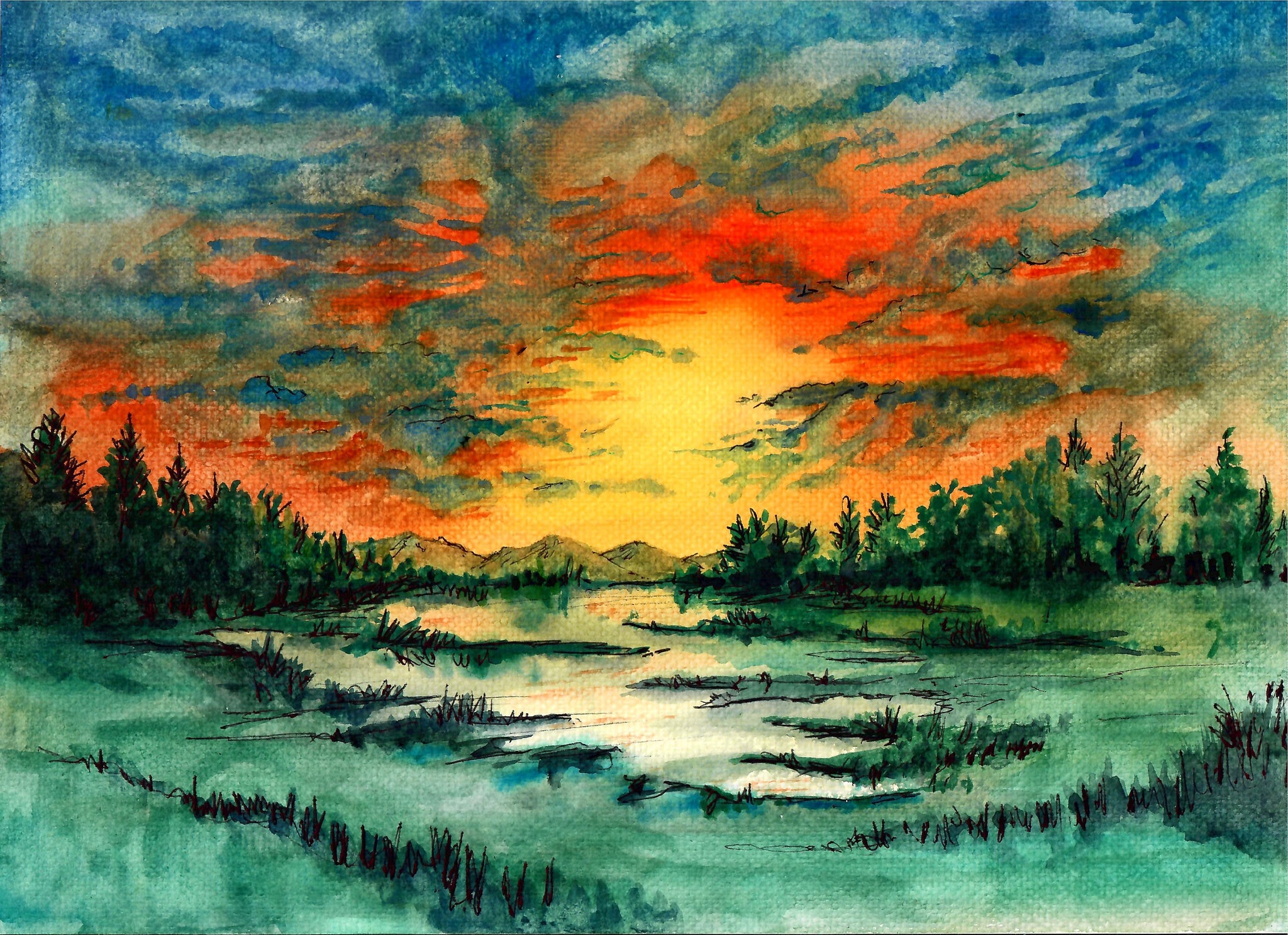 Nature - Sunset Over Small Lakes, Sunset Art Print