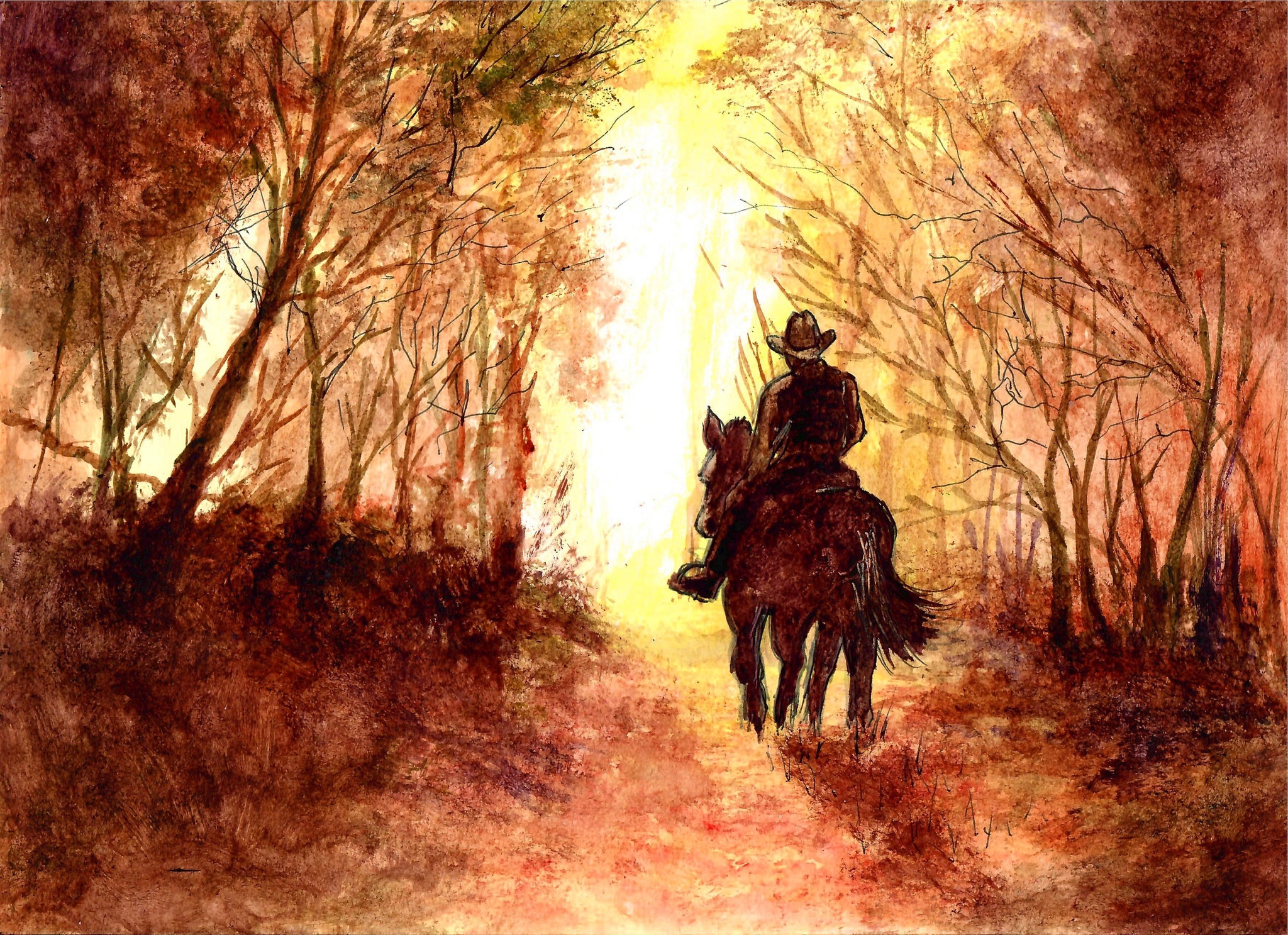 Western - Cowboy Riding Into The Sunset,  Cowboy Print, Western Art Print, Cowboy Art