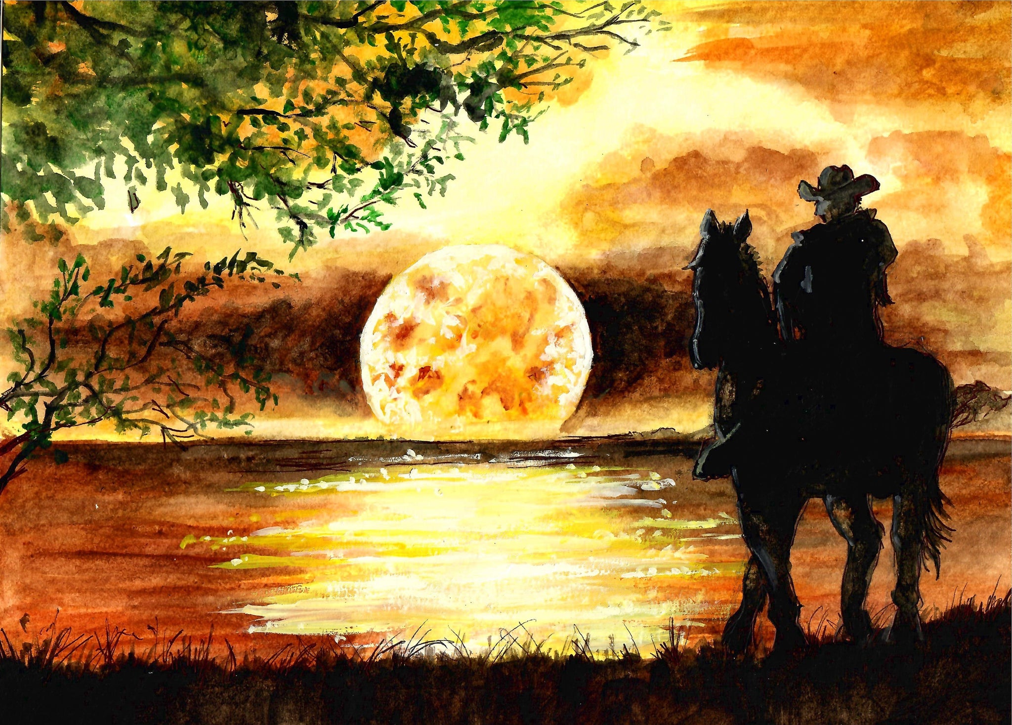 Western - Cowboy And Horse At The Edge Of The Lake, Moonlight Art Print