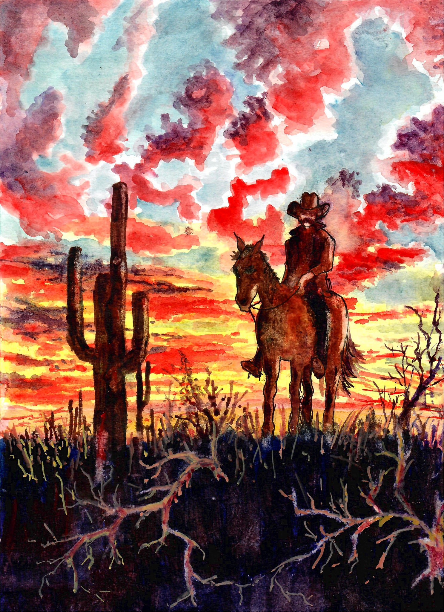 Western - Cowboy And Cactus At Sunset, Cowboy Art, Beautiful Sunset, Cowboy And Horse