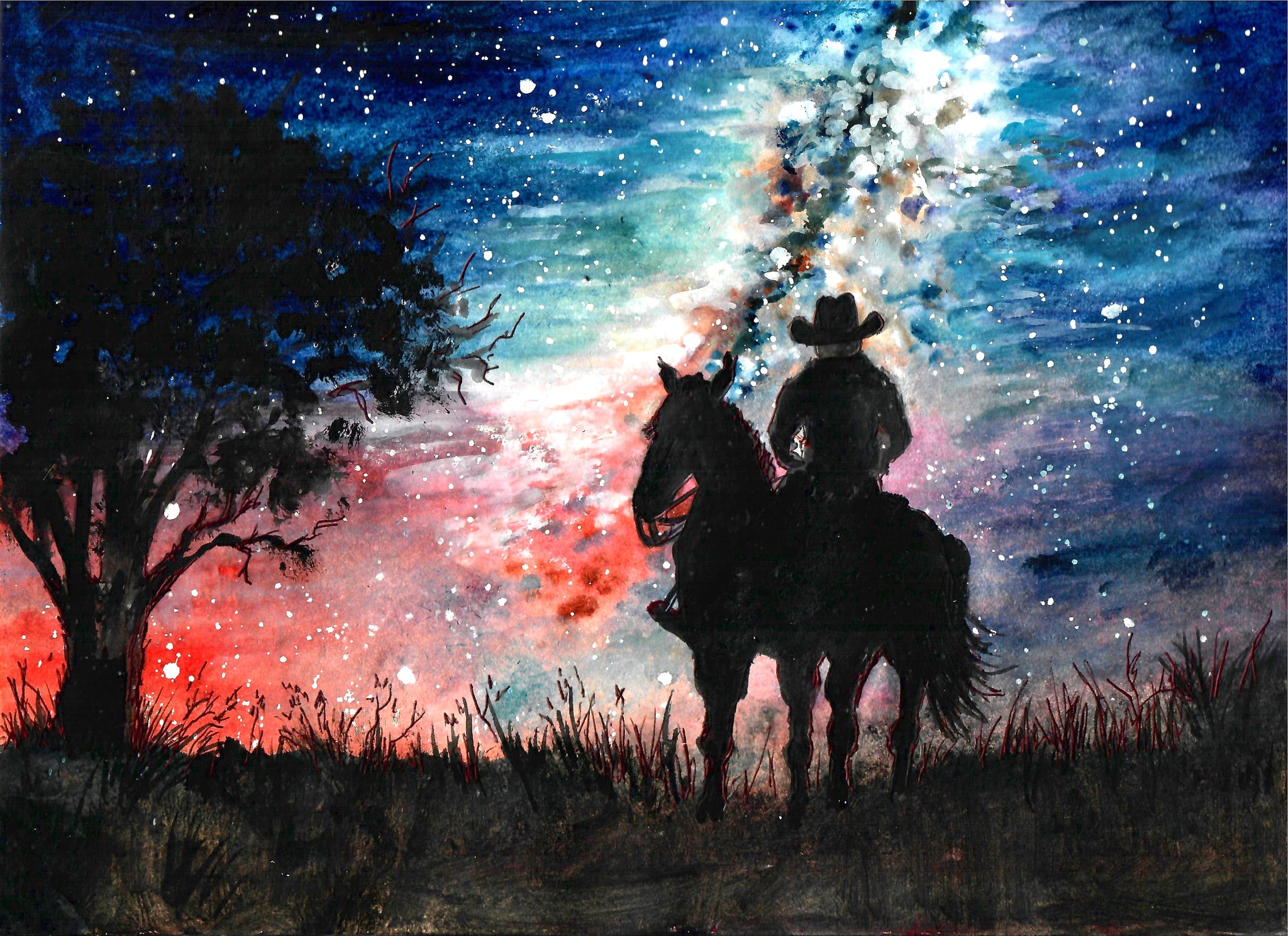 Western - Cowboy Against A Starry Night, Cowboy Art Print,  Western Art Print, Bright Sky