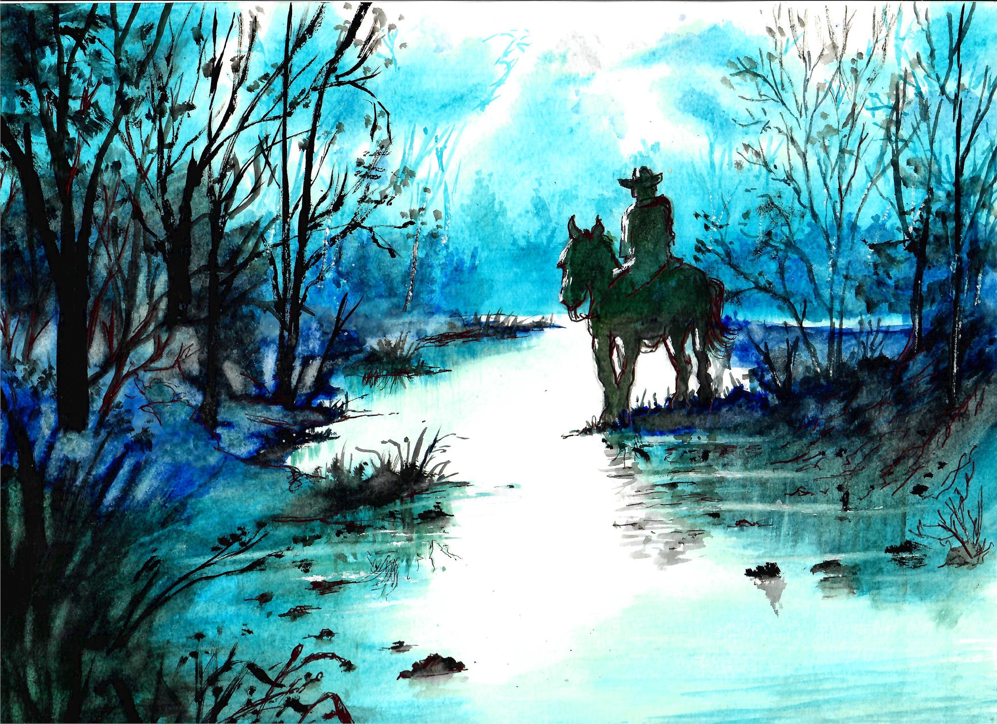 Western - Cowboy In A Blue Creek, Creek Art Print, Marshland Art Print