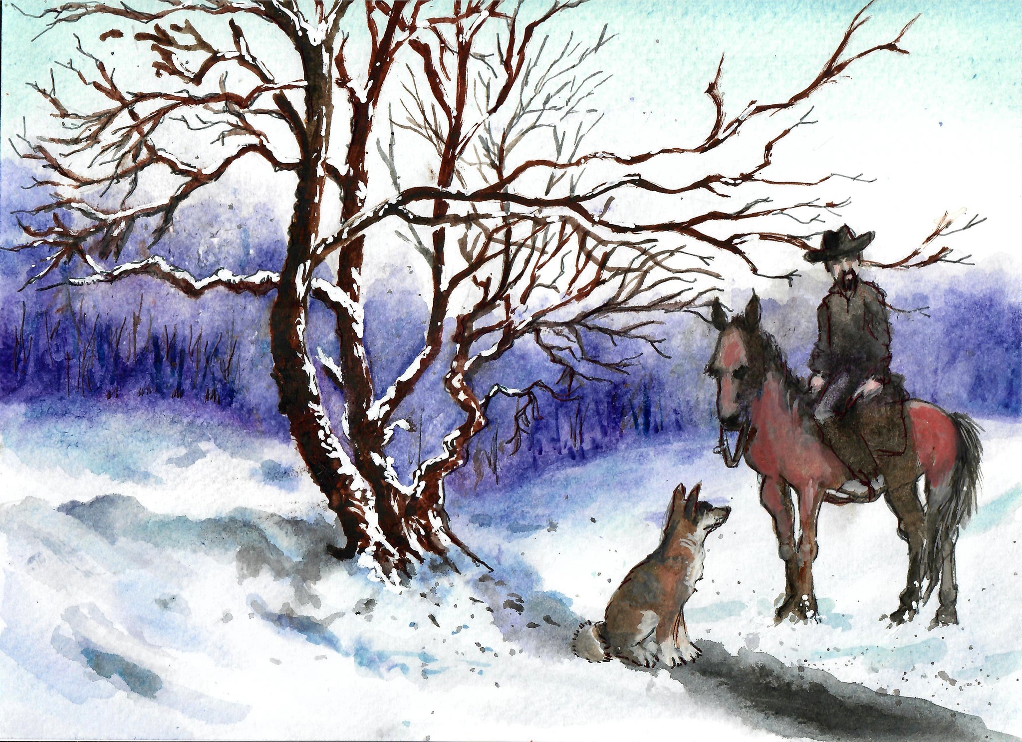 Western - Cowboy Near Trees In Winter, Cowboy Art, Winter Western Scene, Cowboy Wall Decor