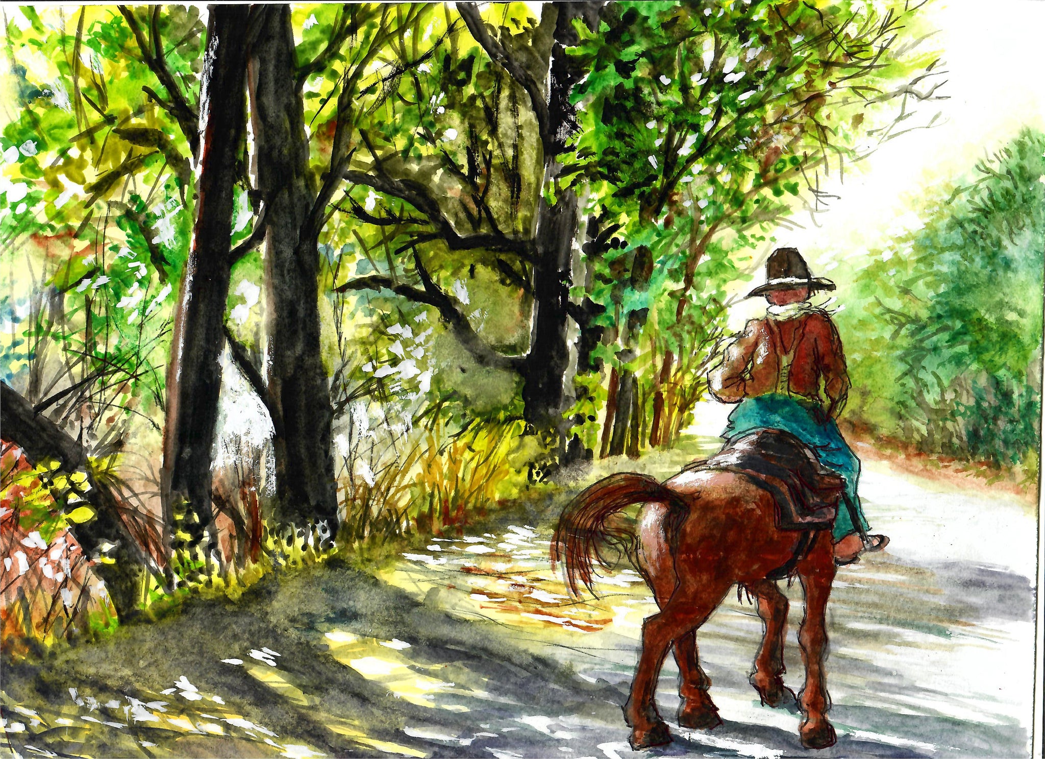 Western - Cowboy And Horse Riding Down A Shady Country Lane, Cowboy Art Print