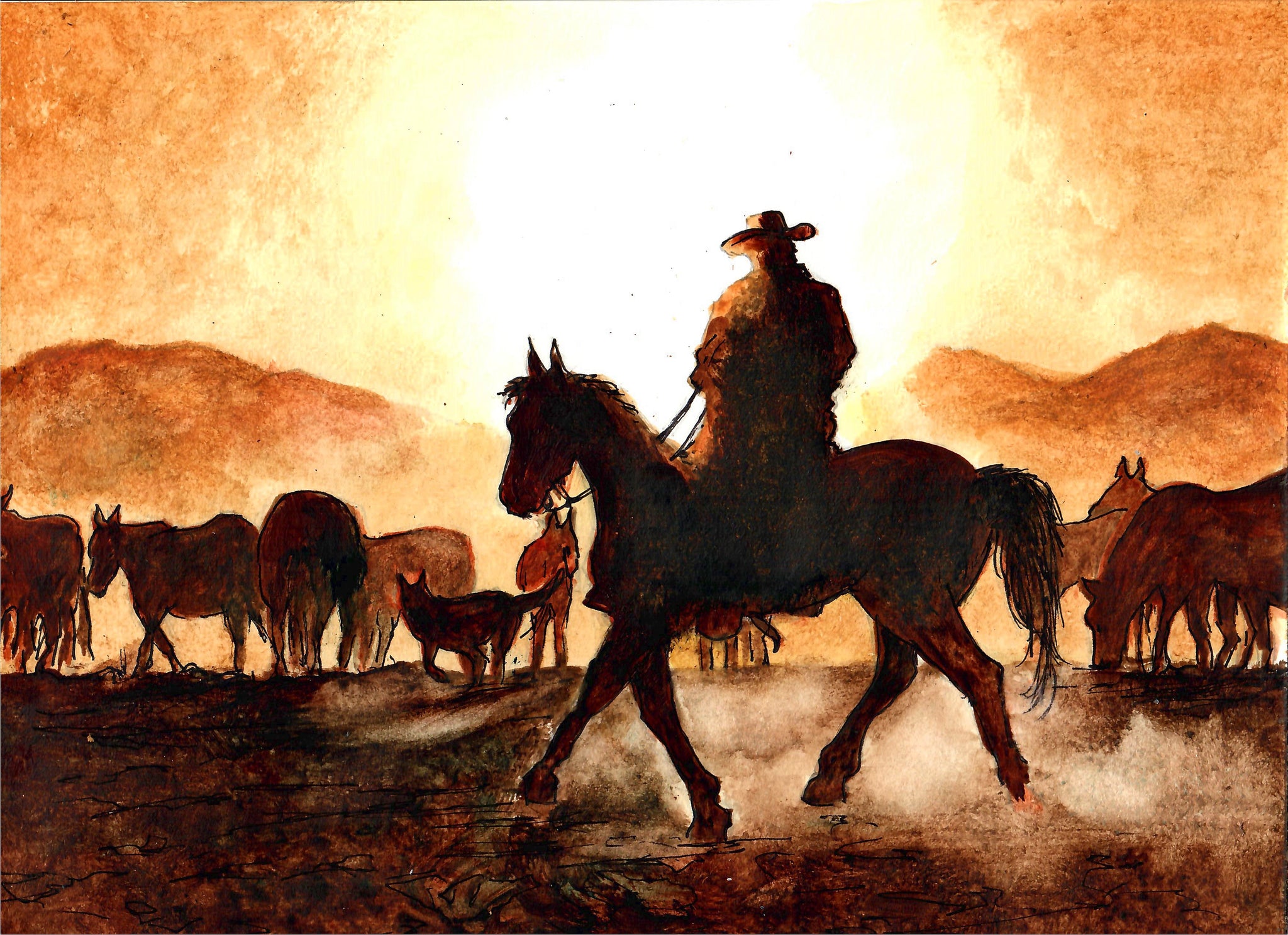 Western - Cowboy And Horses At Sunset In The Mountains,  Cowboy Art Print, Western Art