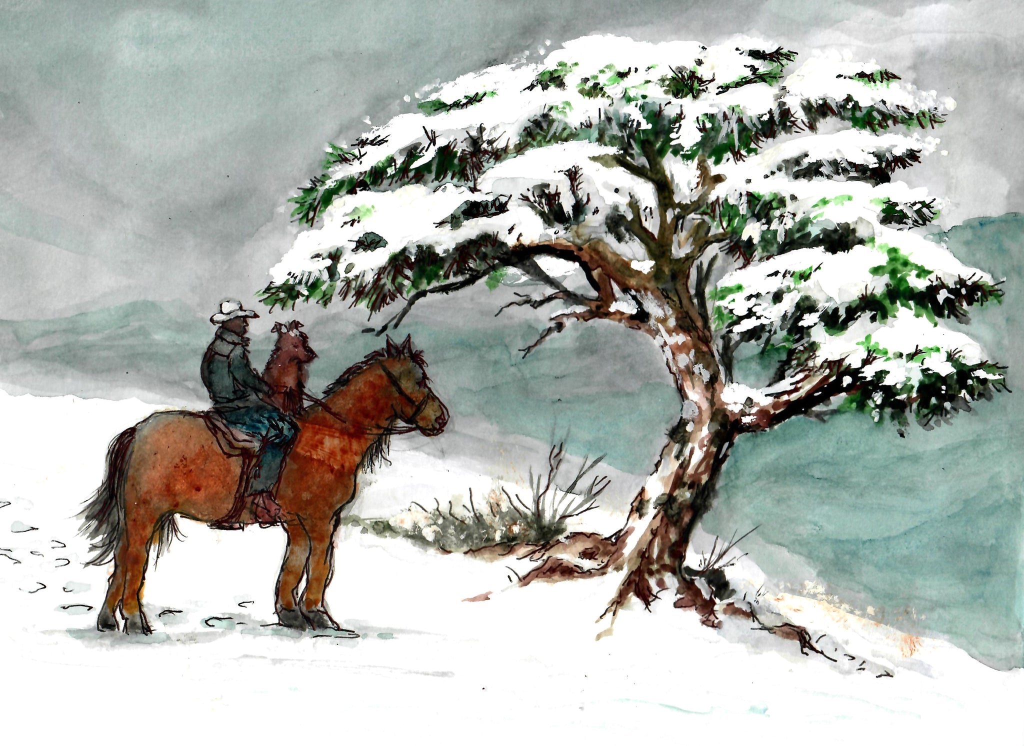 Western - Cowboy With Dog And Horse In The Snow