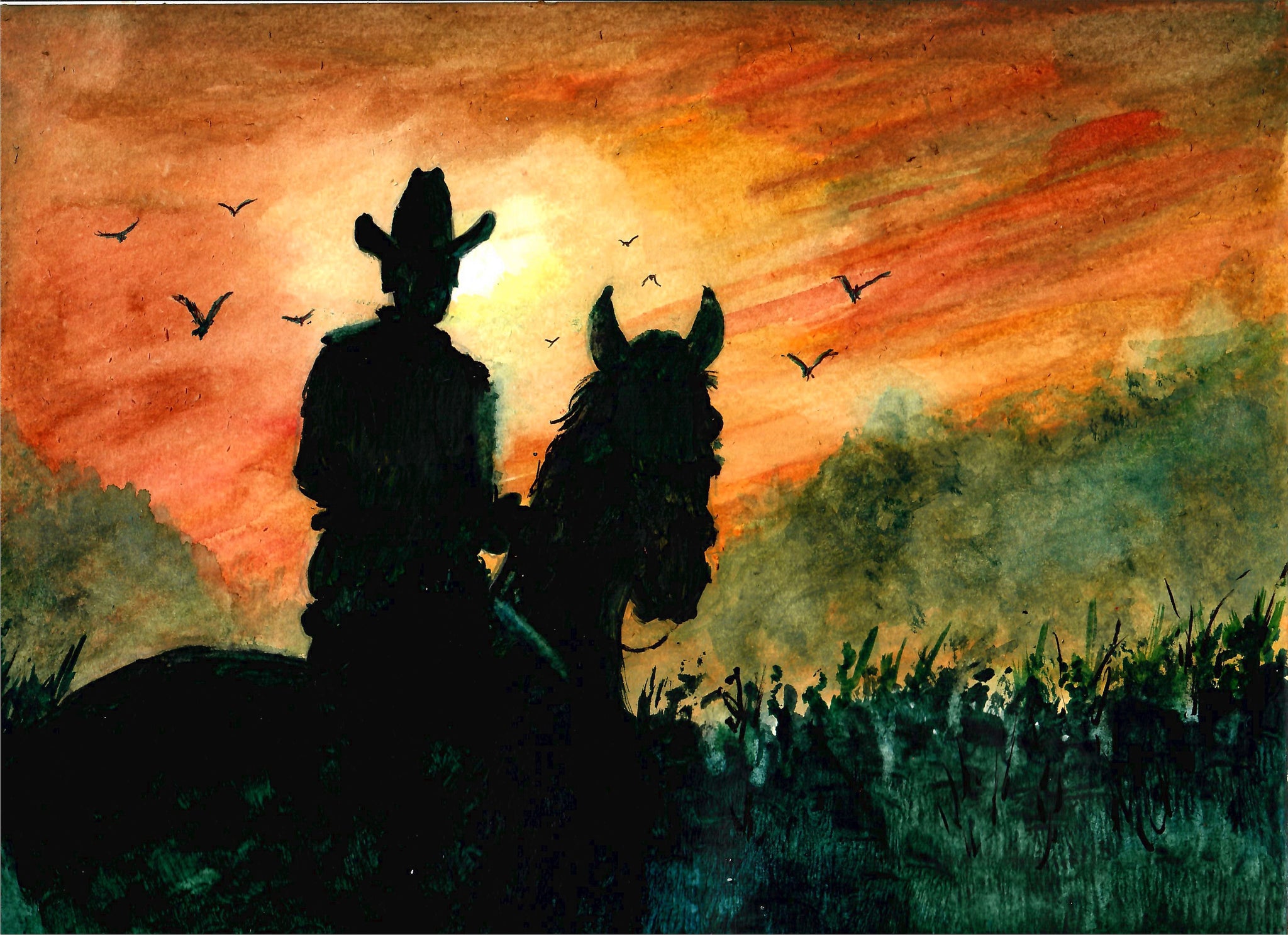 Western - Cowboy And Horse Sillouette, Western Art, Western Landscape, Rising Sun Art