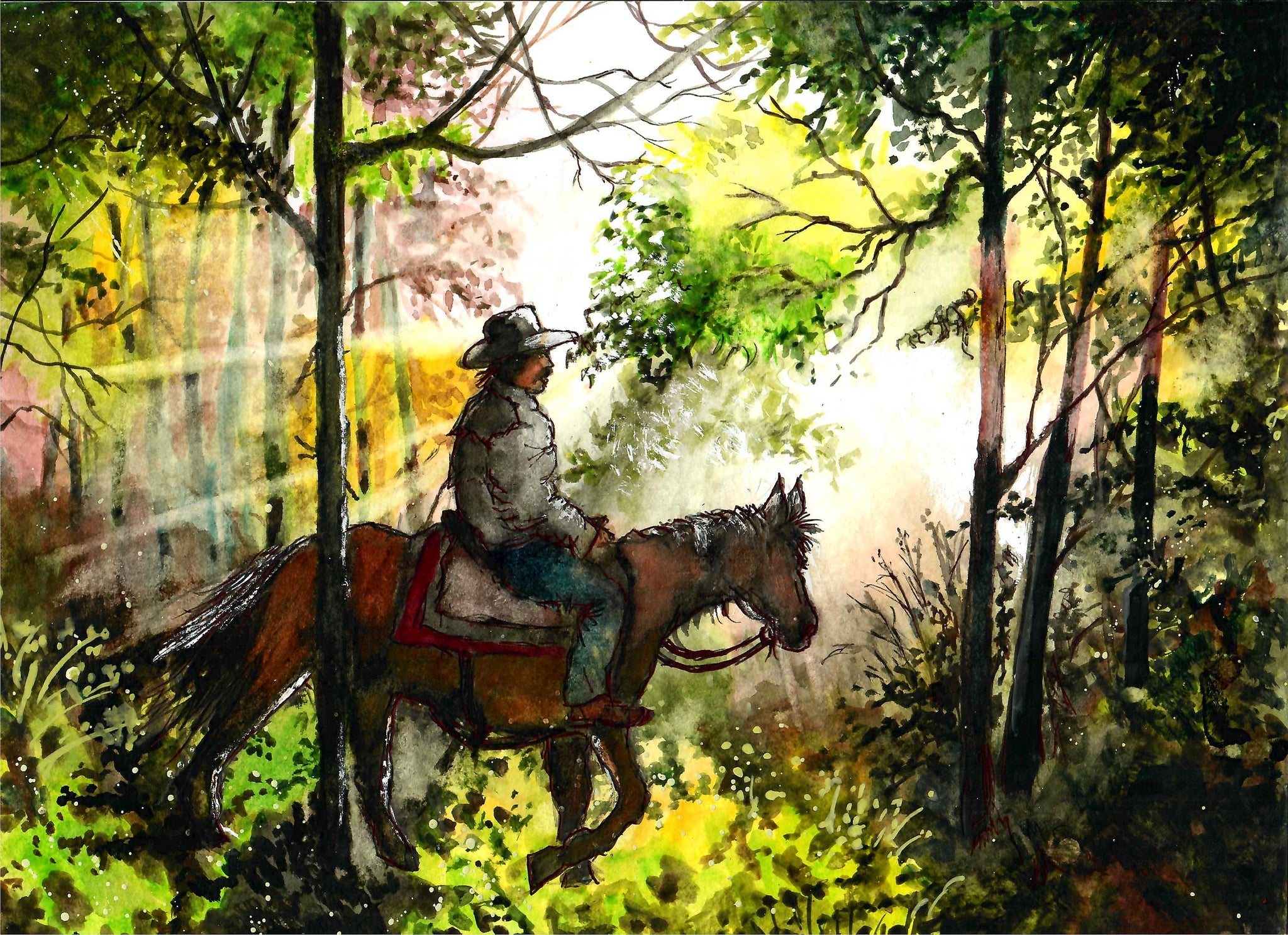 Western - Cowboy Riding In The Sunlight, Cowboy Art Print, Cowboy And Horse