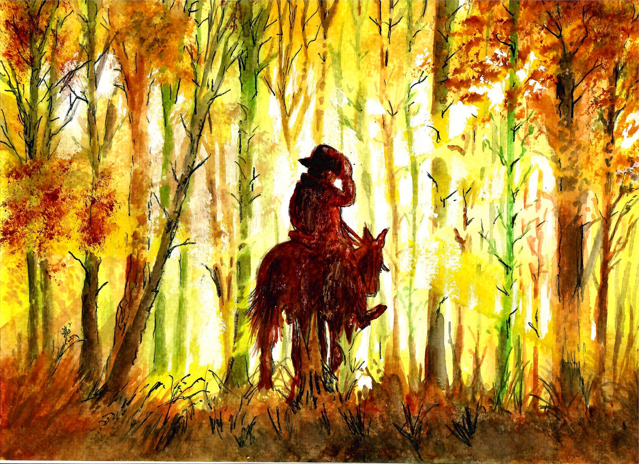 Western - Cowboy On His Horse Riding Into The Forest Light, Western Art, Forest Art