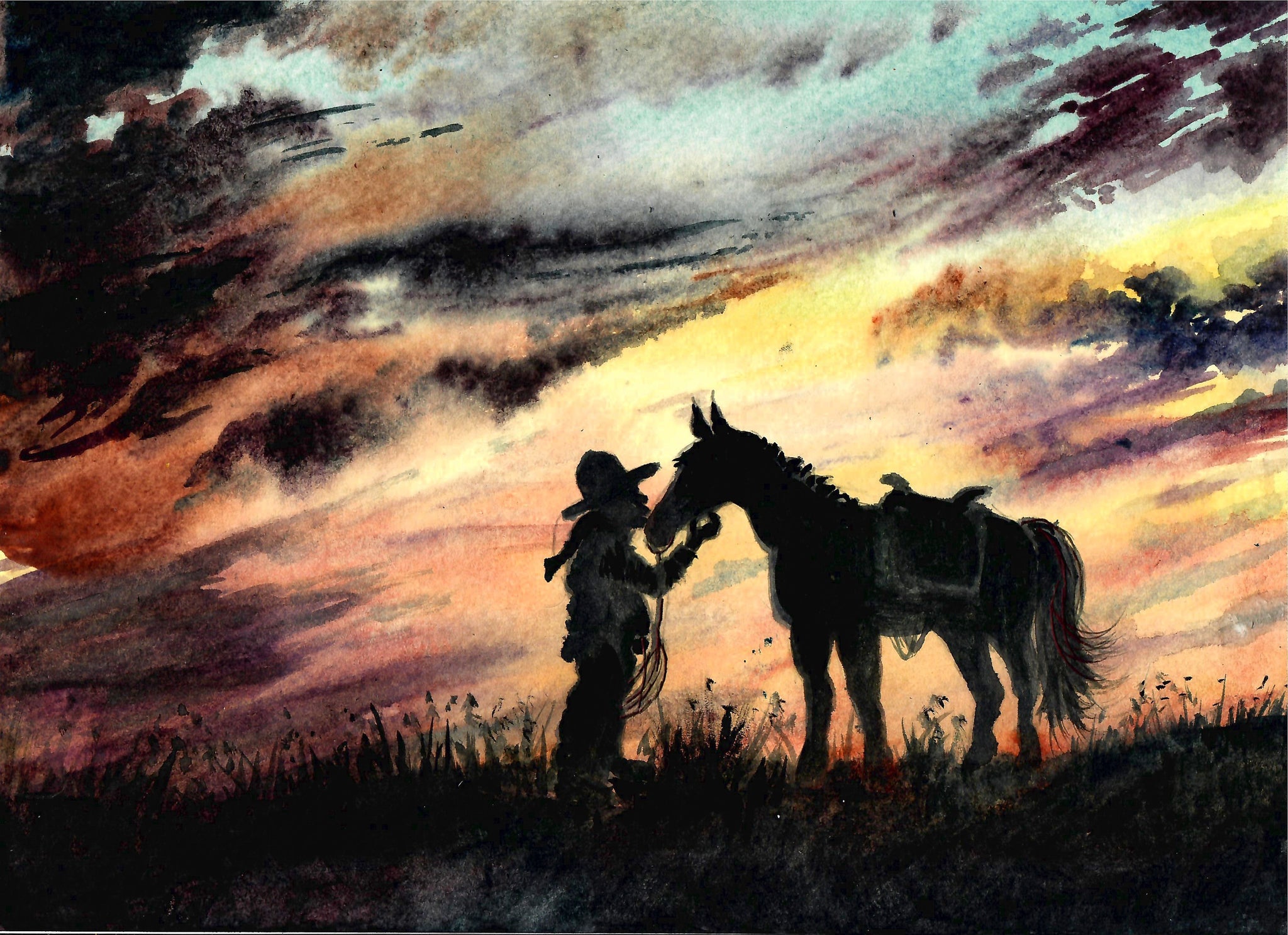 Western - Cowboy And Horse In A Beautiful Sunset, Sunset Art, Cowboy Art, Western Art