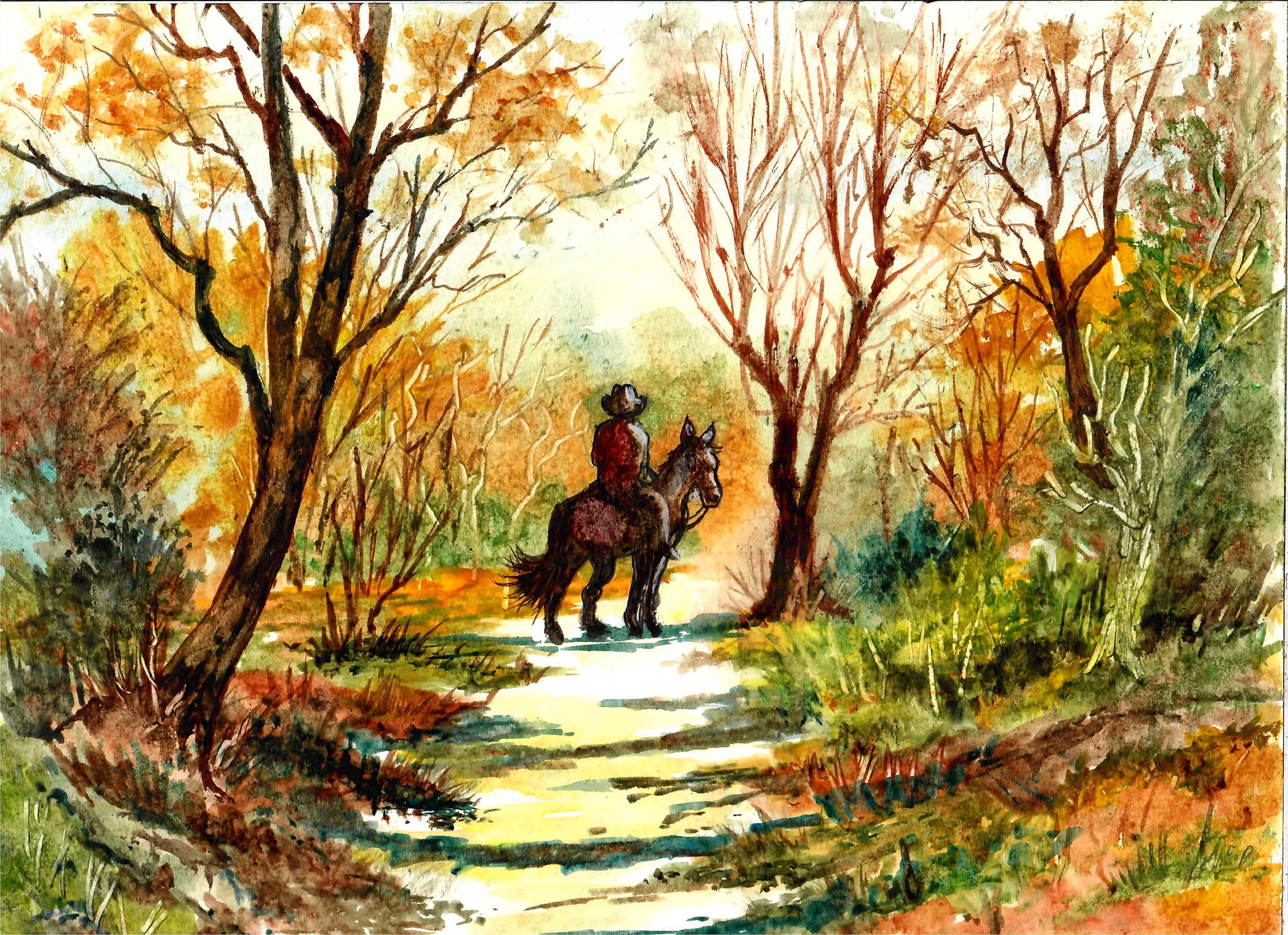 Western - Cowboy On A Sunlit Path, Cowboy Art Print, Cowboy And Horse Art, Western Art