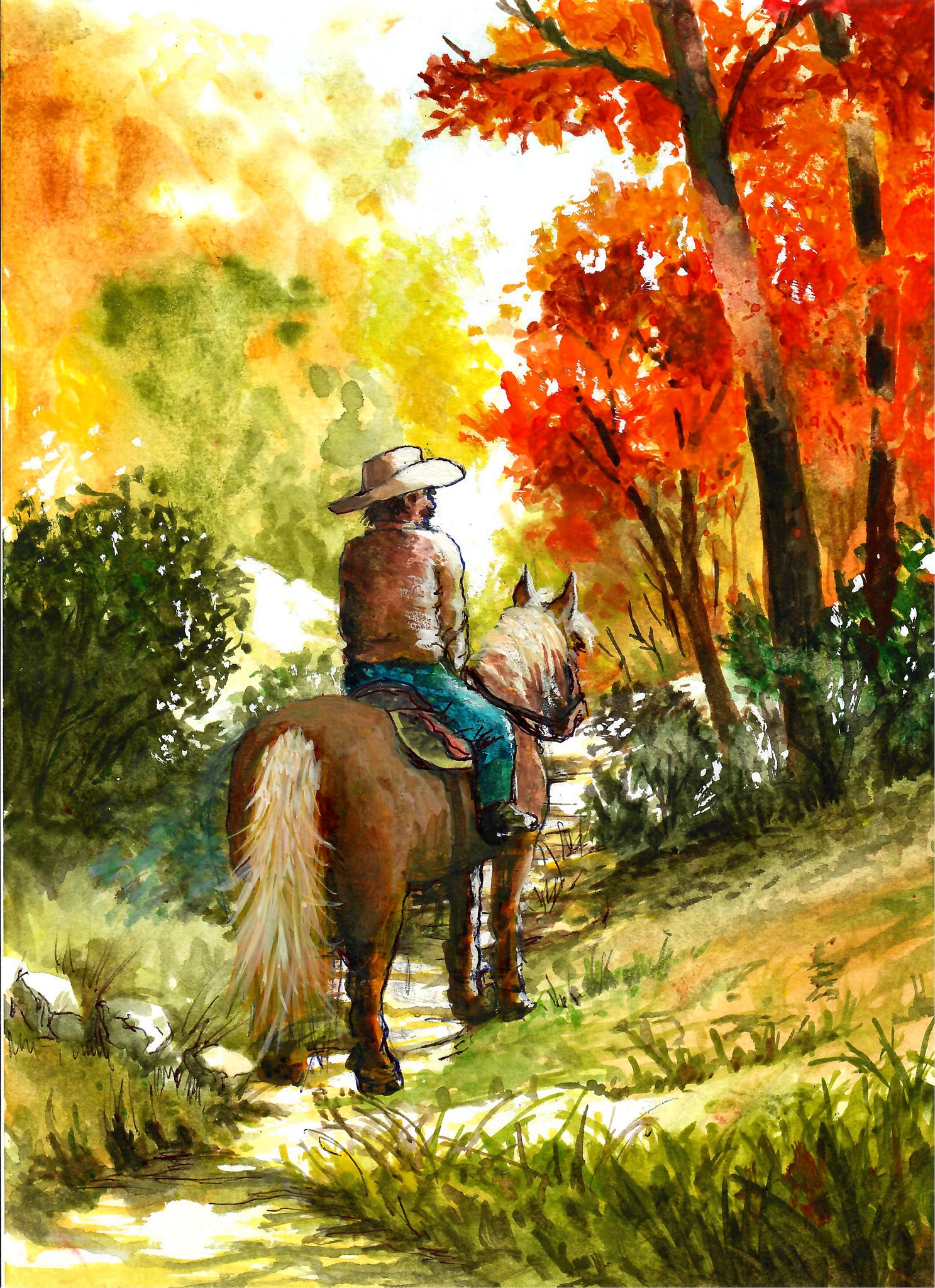 Western - Cowboy And Horse On Path In Forest, Cowboy Art Print, Blonde Horse