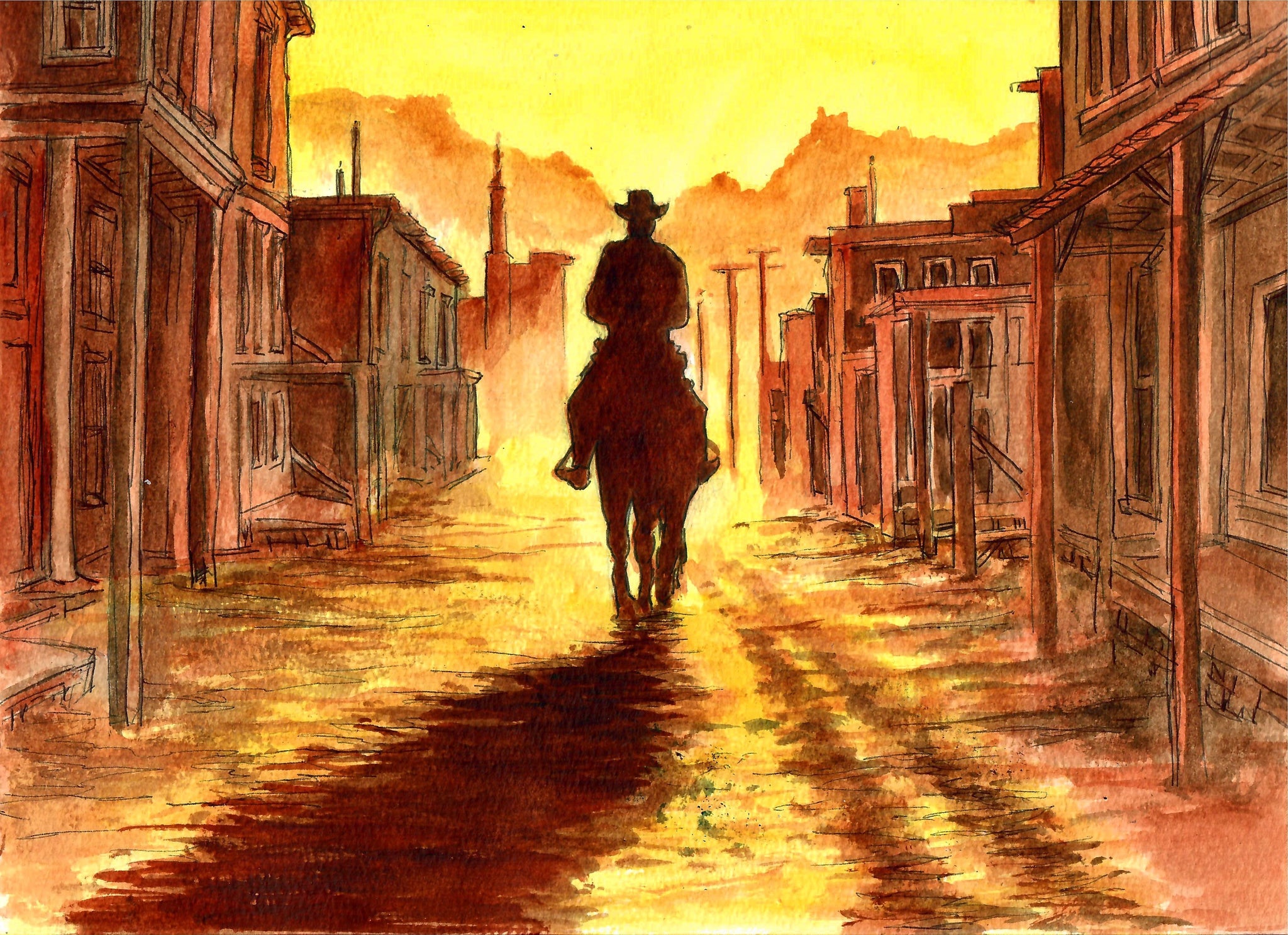 Western - Cowboy Riding Into Town,  Cowboy Art Print, Western Art