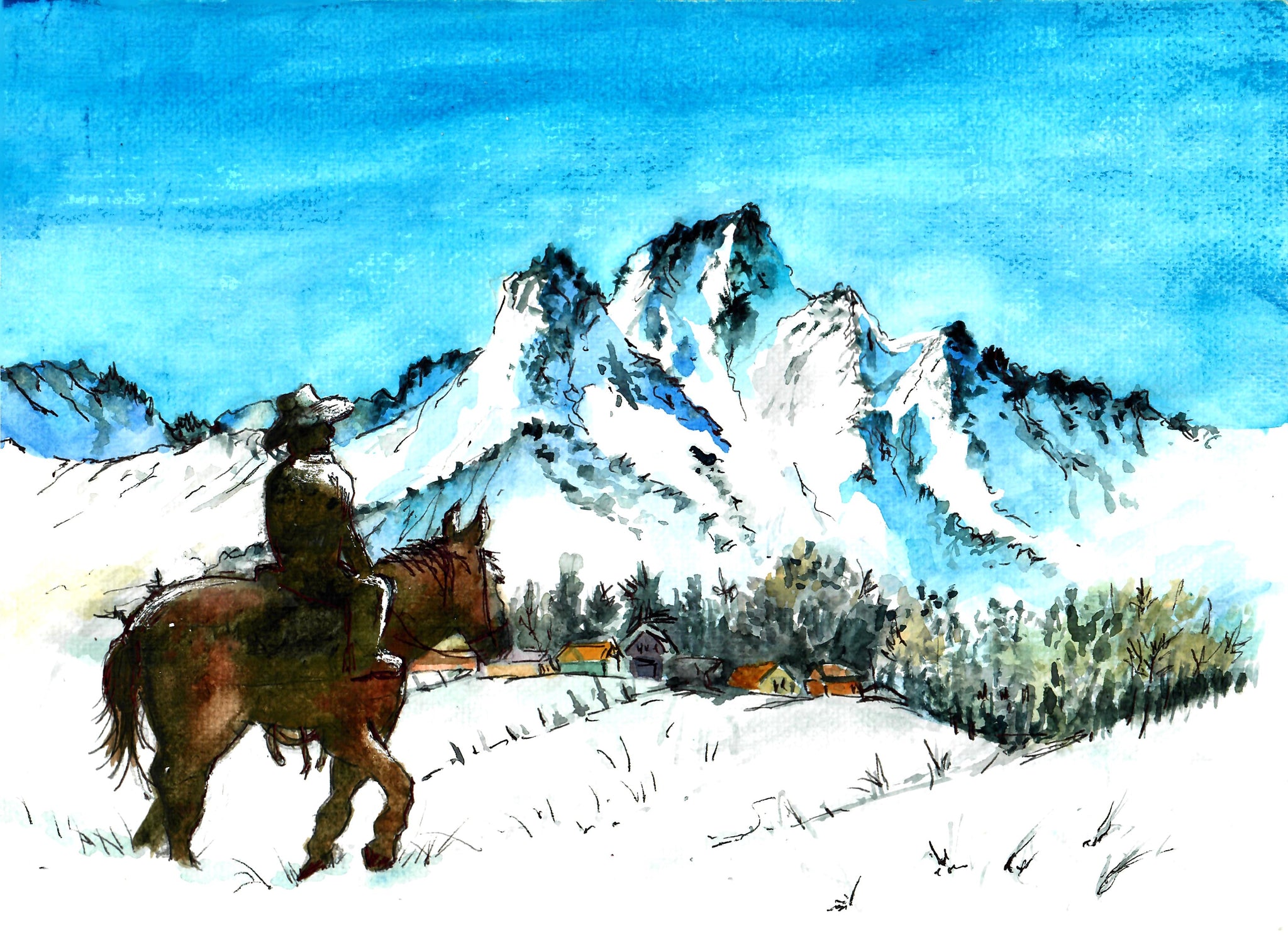 Western - Cowboy Riding In The Mountains, Cowboy Art Print, Snow Art, Mountain Art